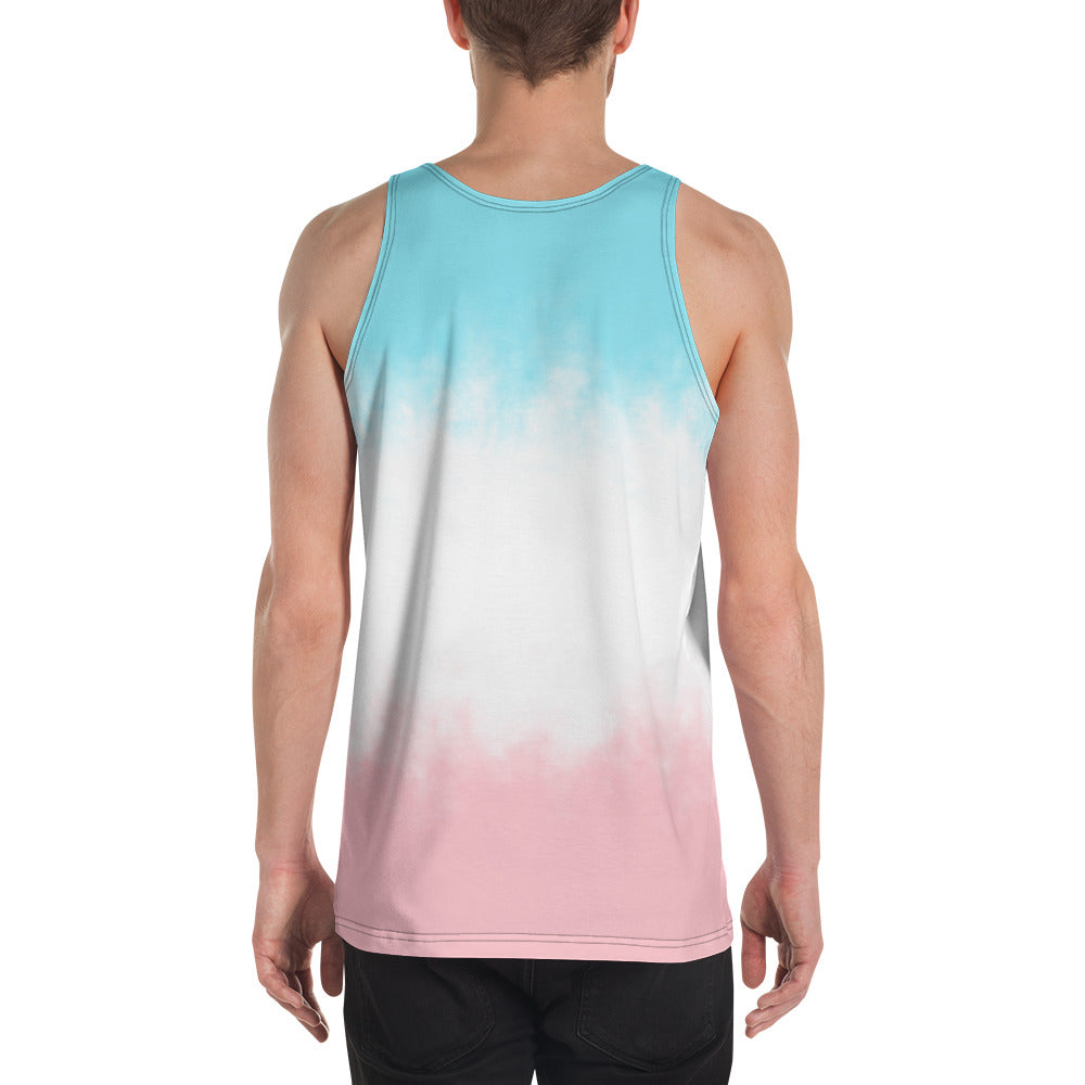 Unisex tank top back view showing teal-to-white gradient and pink hem band