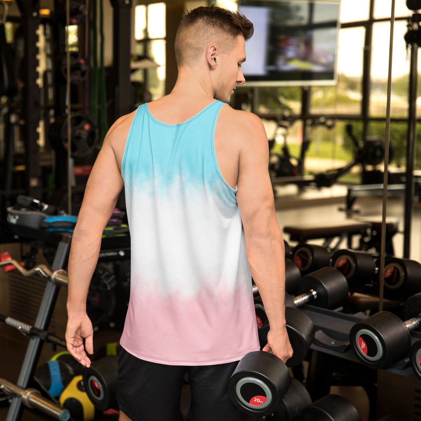 Unisex tank top back: light teal-to-white gradient with pink lower band