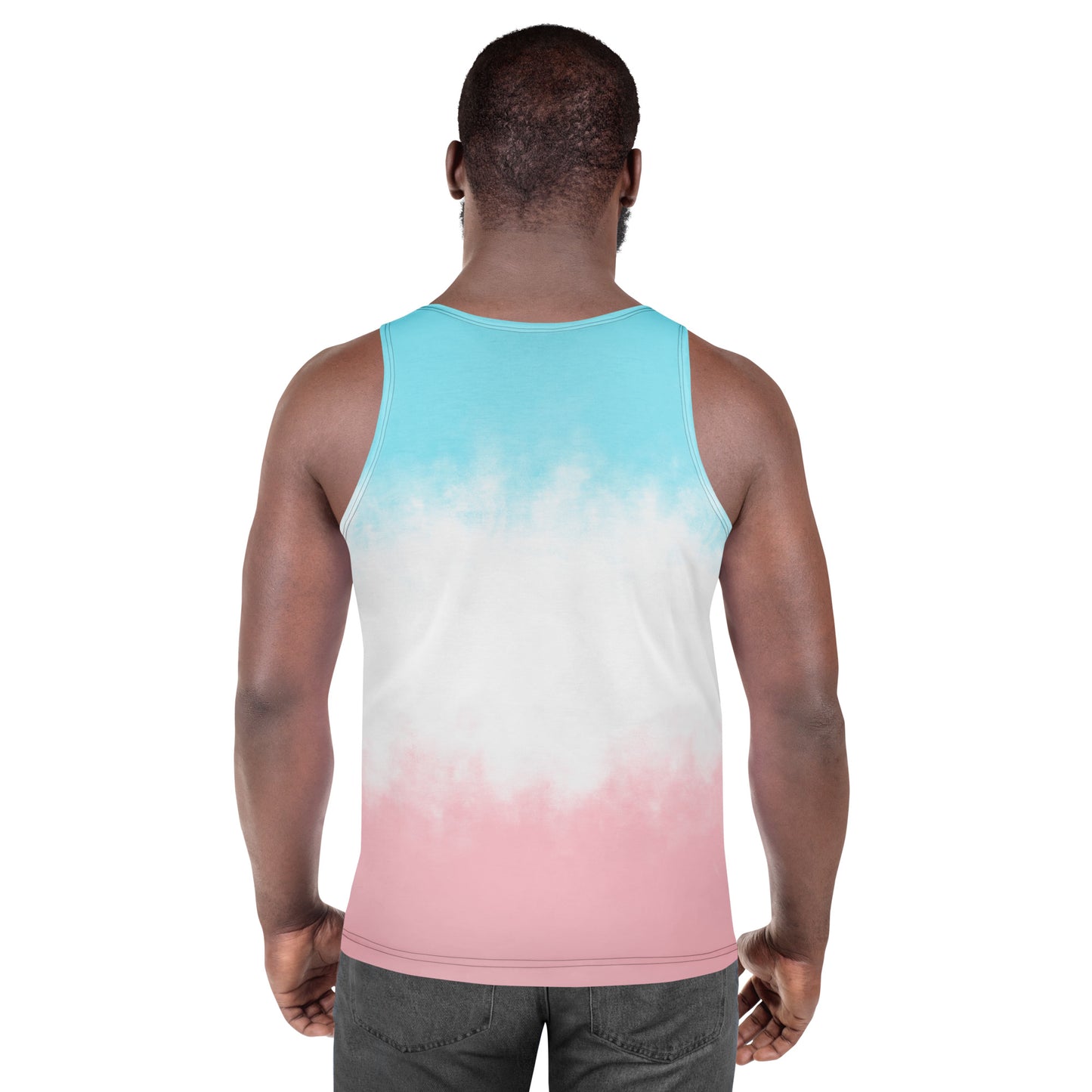 Unisex tank top back view with teal-to-white tie-dye effect and pink lower band