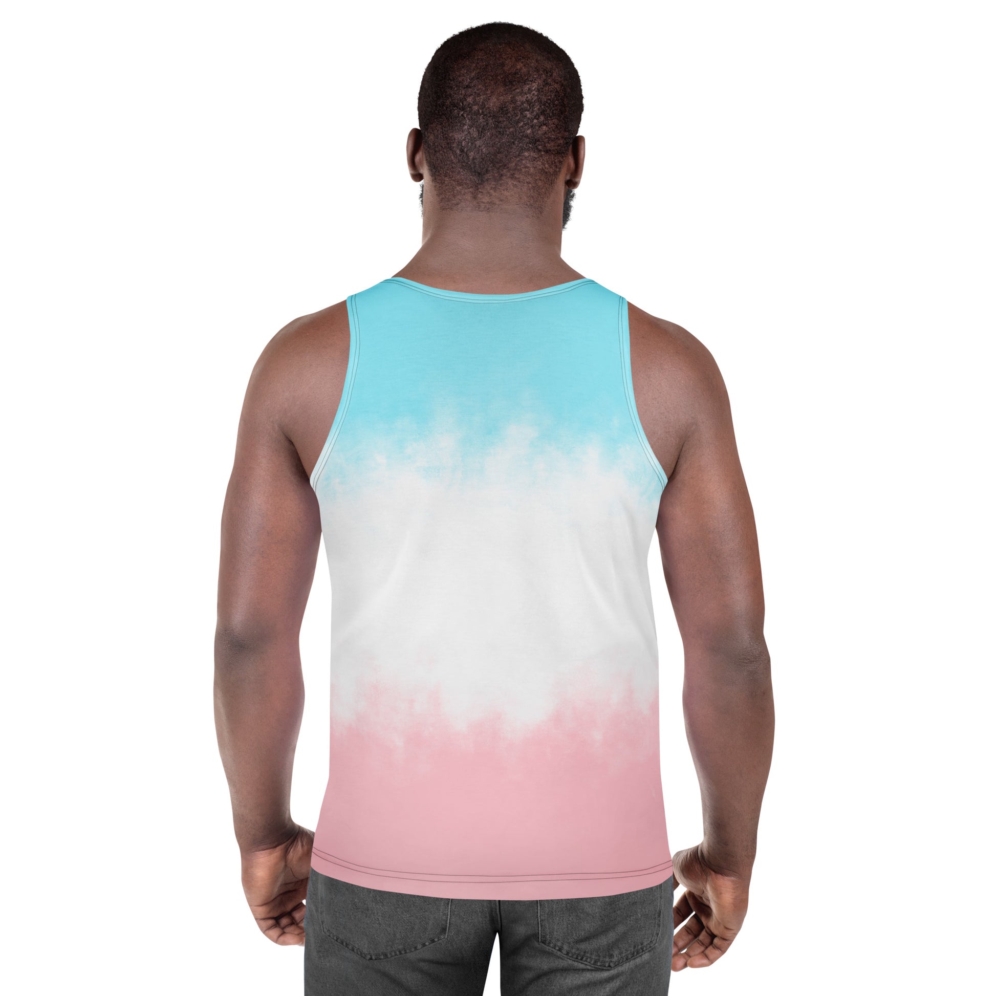 Unisex tank top back view with teal-to-white tie-dye effect and pink lower band