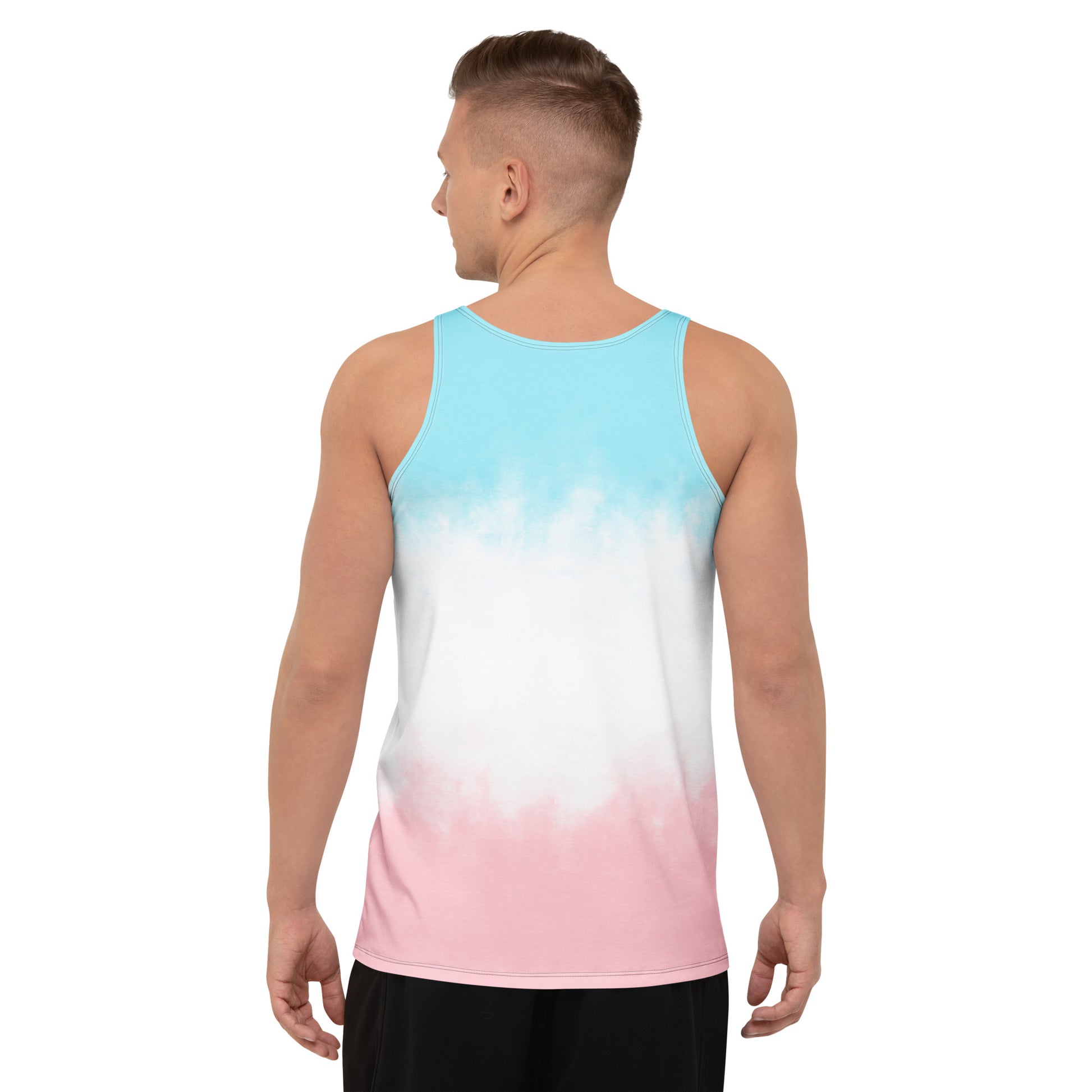 Unisex tank top back view with teal-to-white gradient and pink lower band