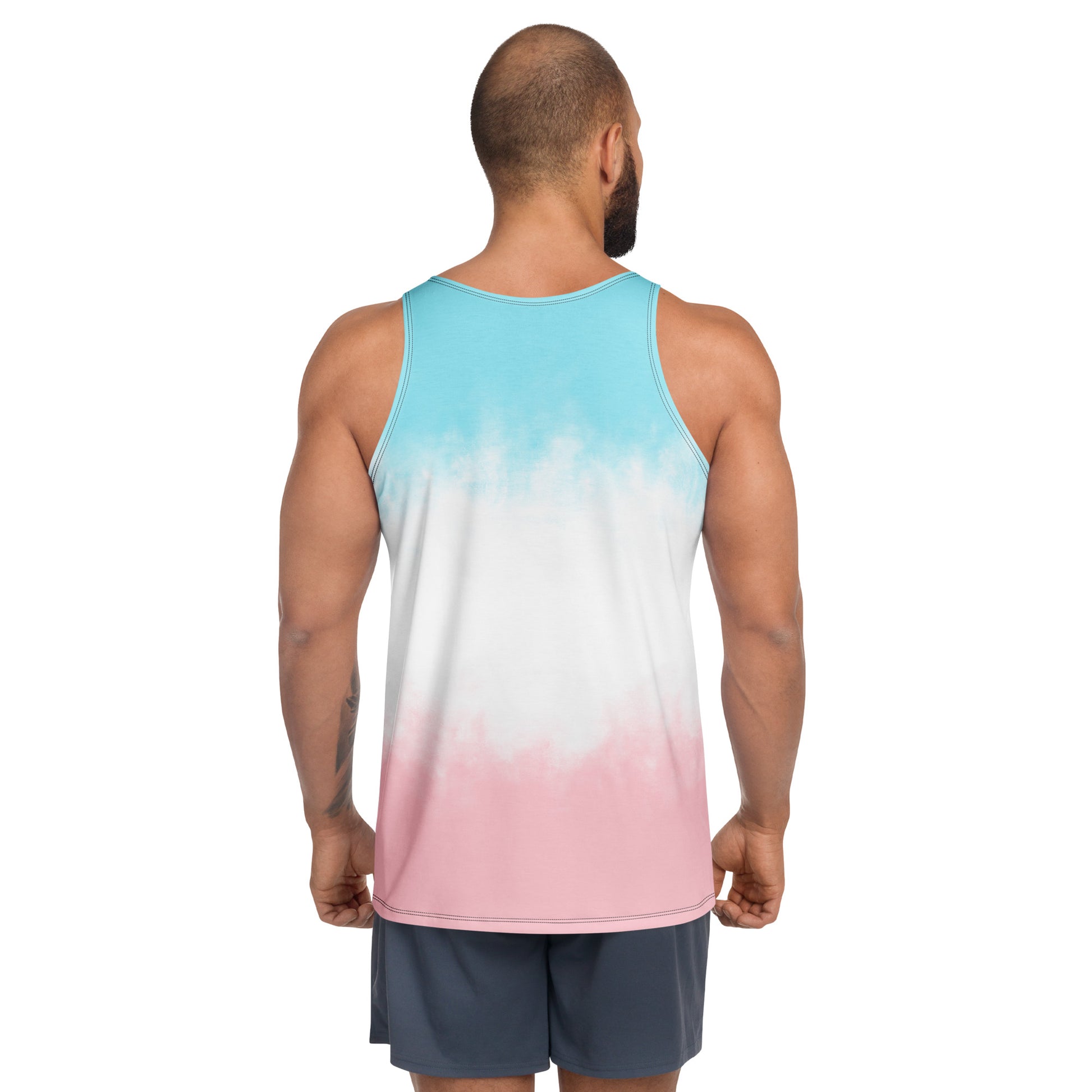 Unisex back view tank top with aqua-to-white-to-pink tie-dye gradient; sleeveless