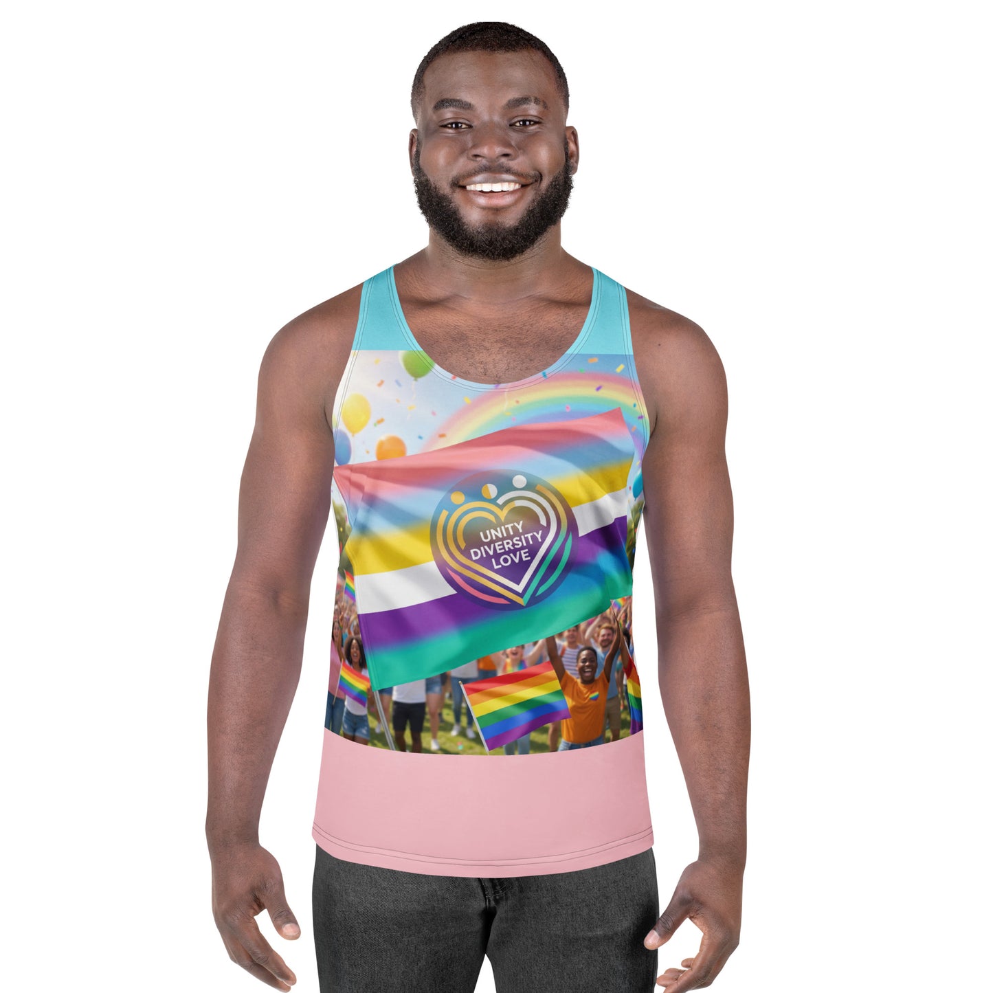 Unisex tank top front: colorful rainbow flag scene with Unity Diversity Love emblem, teal