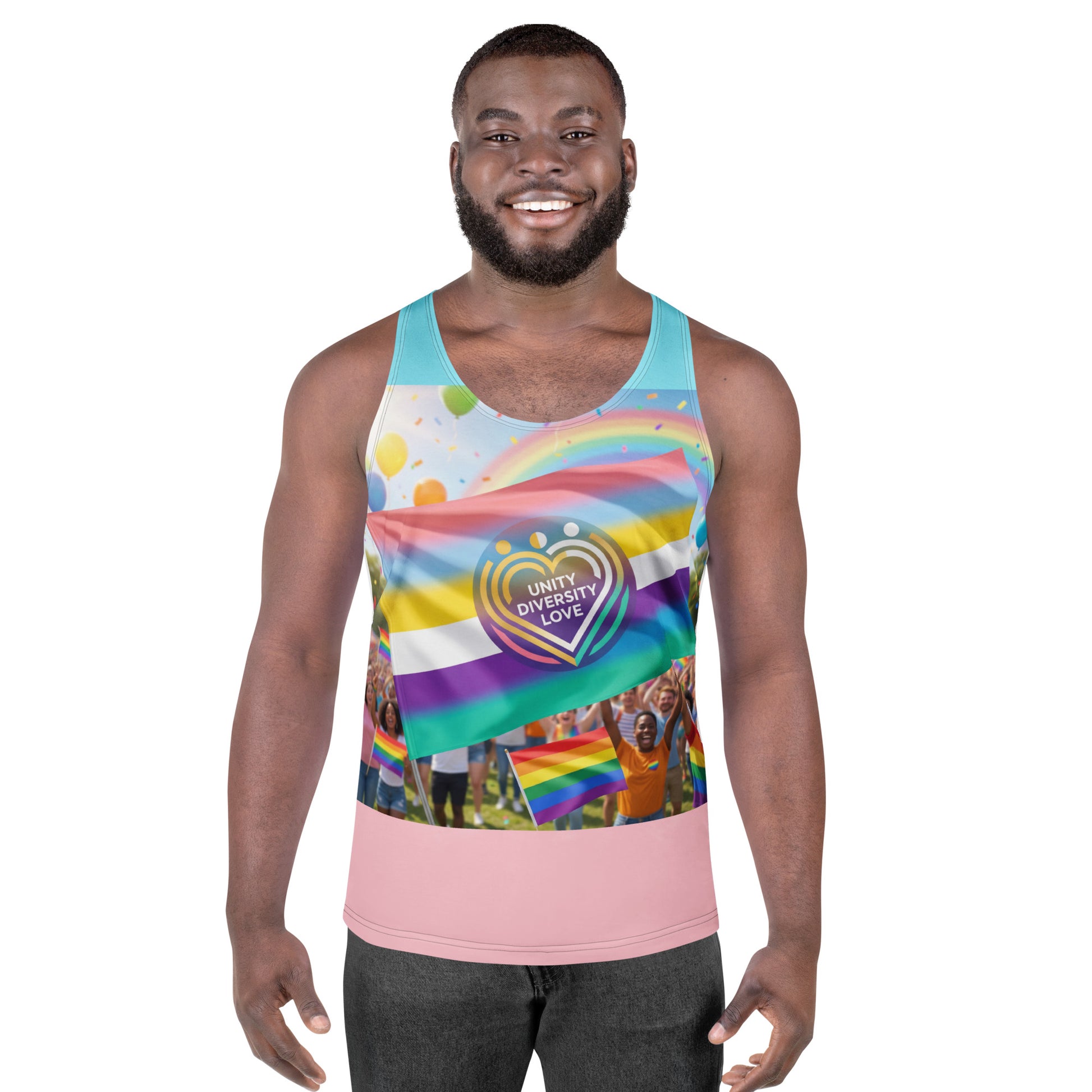 Unisex tank top front: colorful rainbow flag scene with Unity Diversity Love emblem, teal