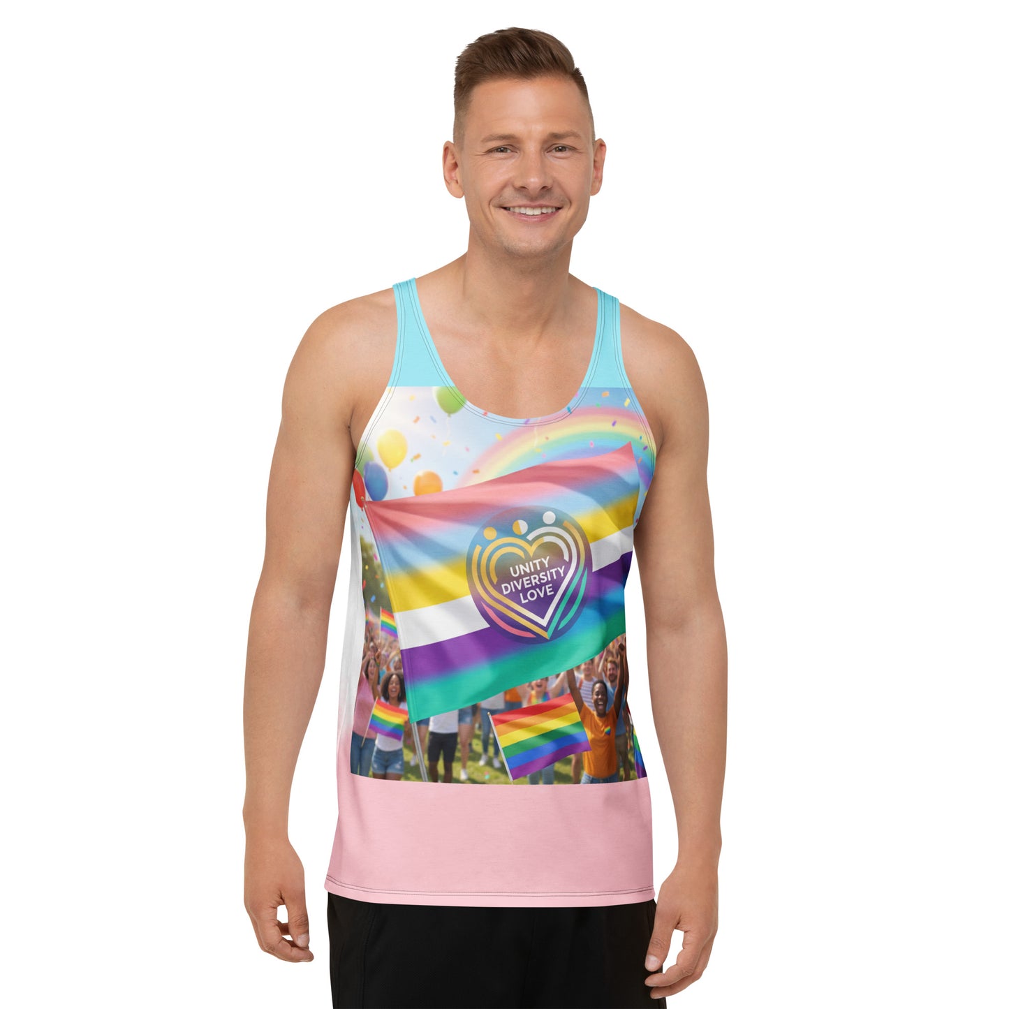 Unisex tank top front view with Unity Diversity Love rainbow graphic, light teal and pink hem