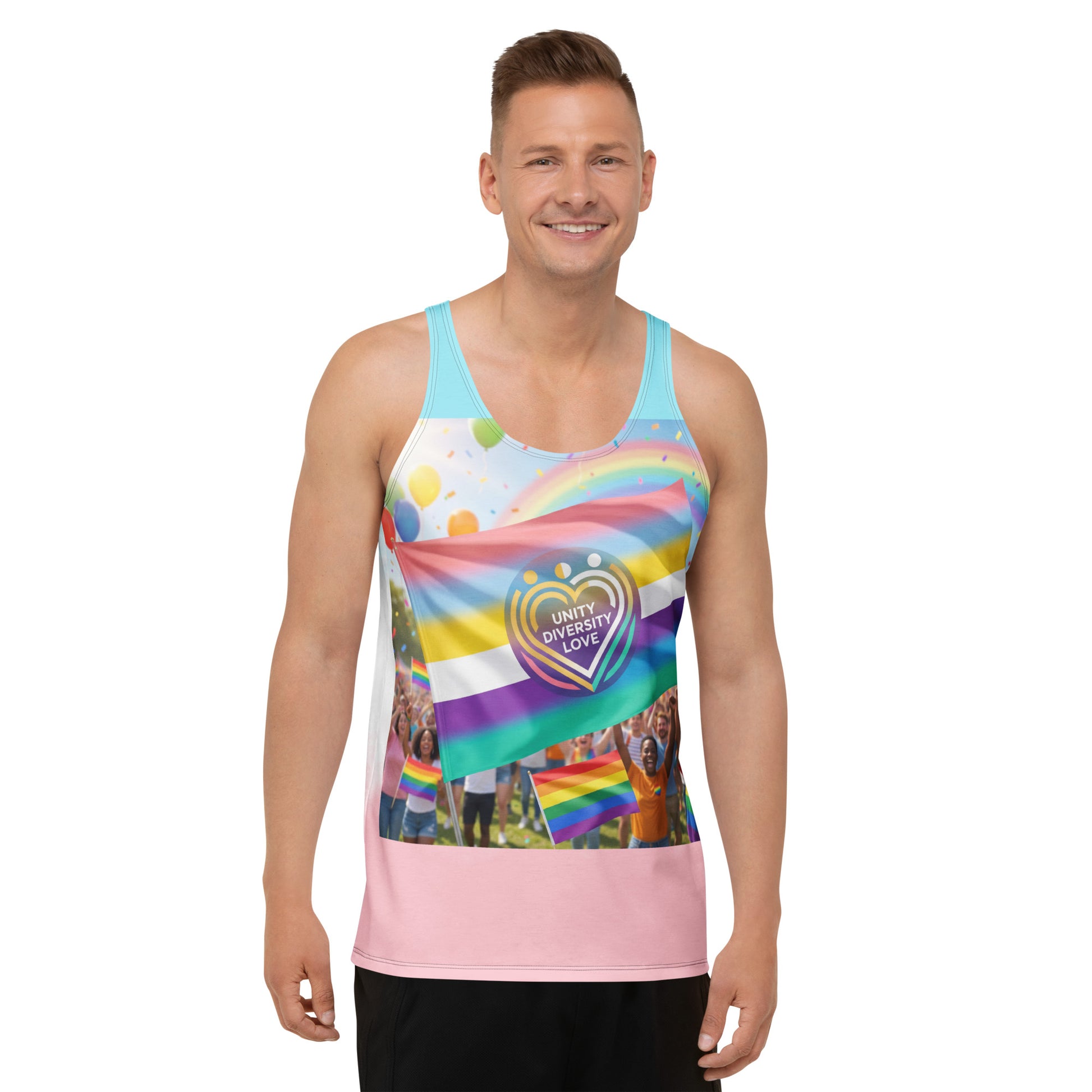 Unisex tank top front view with Unity Diversity Love rainbow graphic, light teal and pink hem