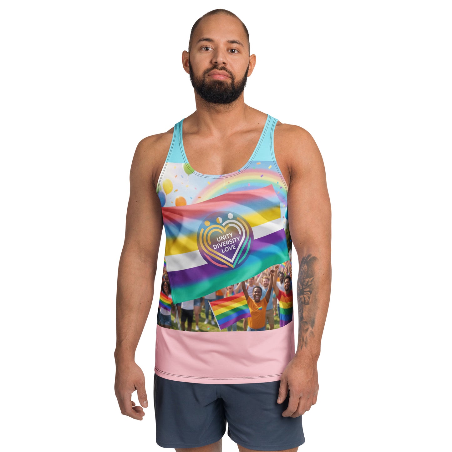 Unisex tank top with rainbow pride emblem and crowd print; aqua straps, pink hem