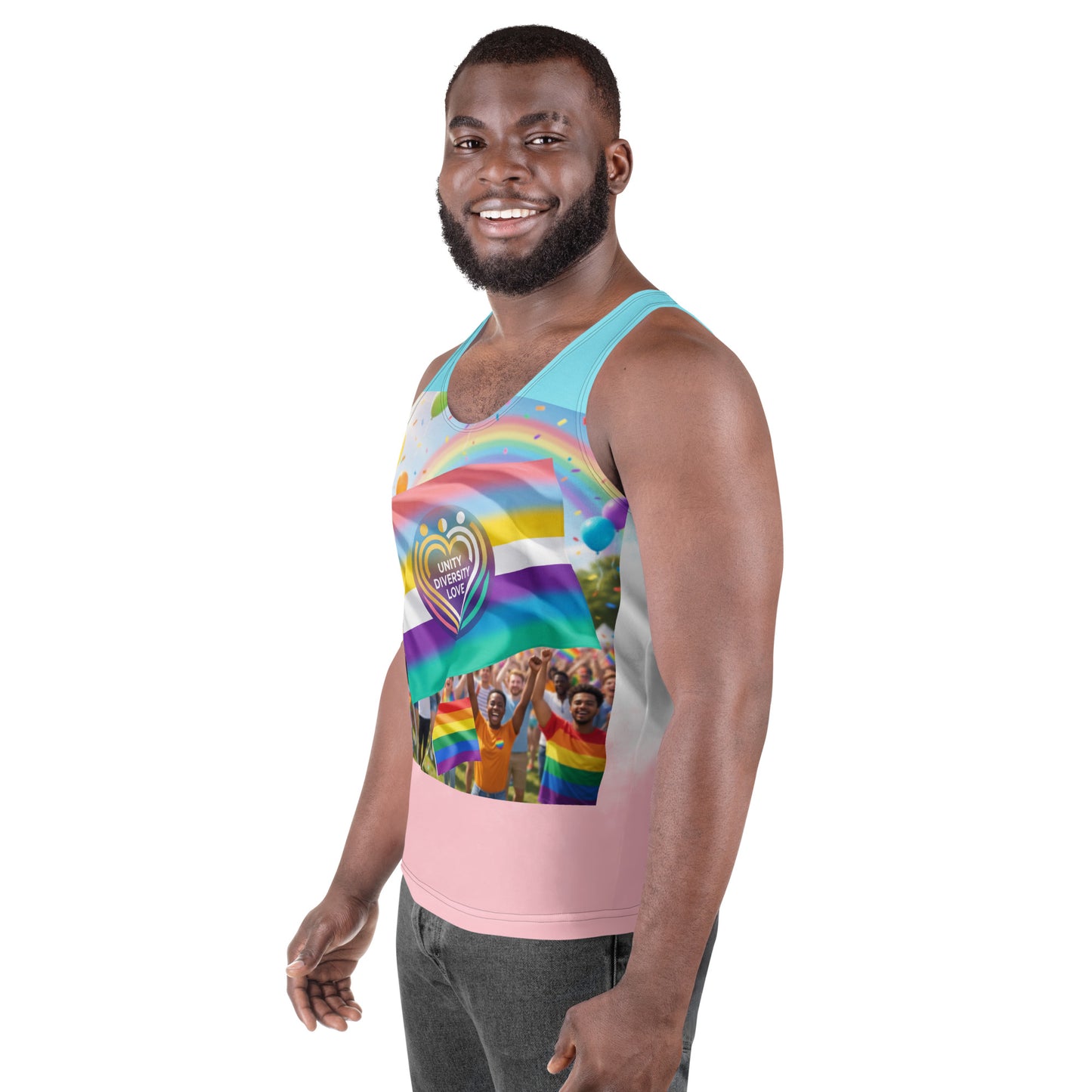 Unisex tank top front print with rainbow flag scene and Unity Diversity Love heart, teal