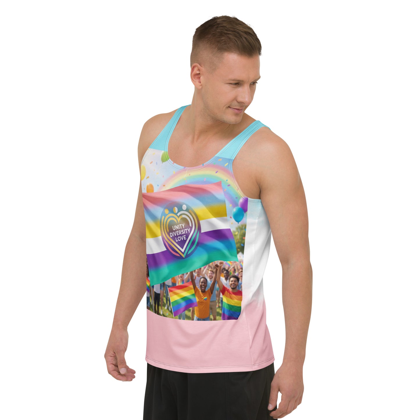 Unisex tank top with rainbow pride graphic and heart emblem; aqua straps, pink hem