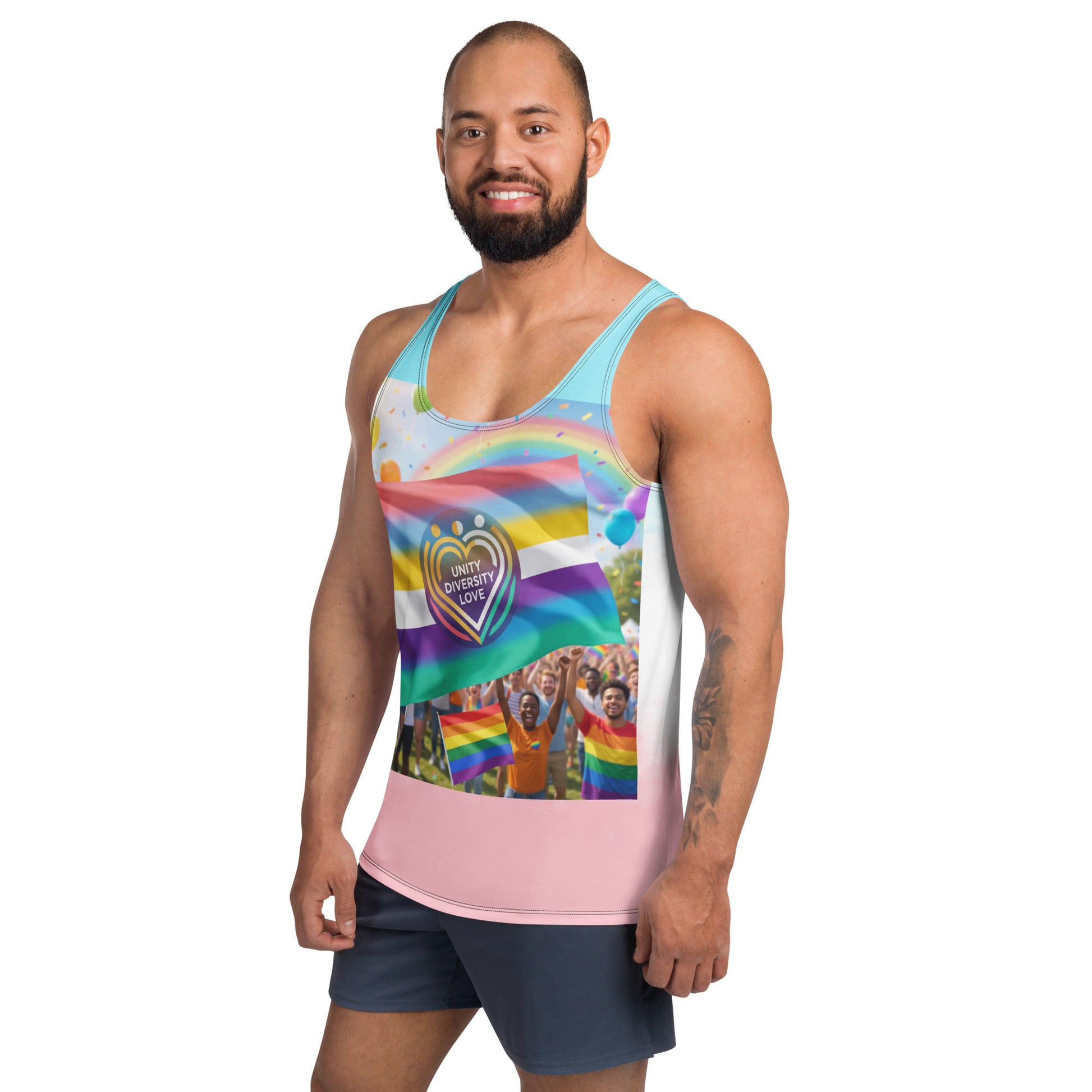 Unisex tank top with rainbow pride heart emblem graphic; aqua straps and pink hem