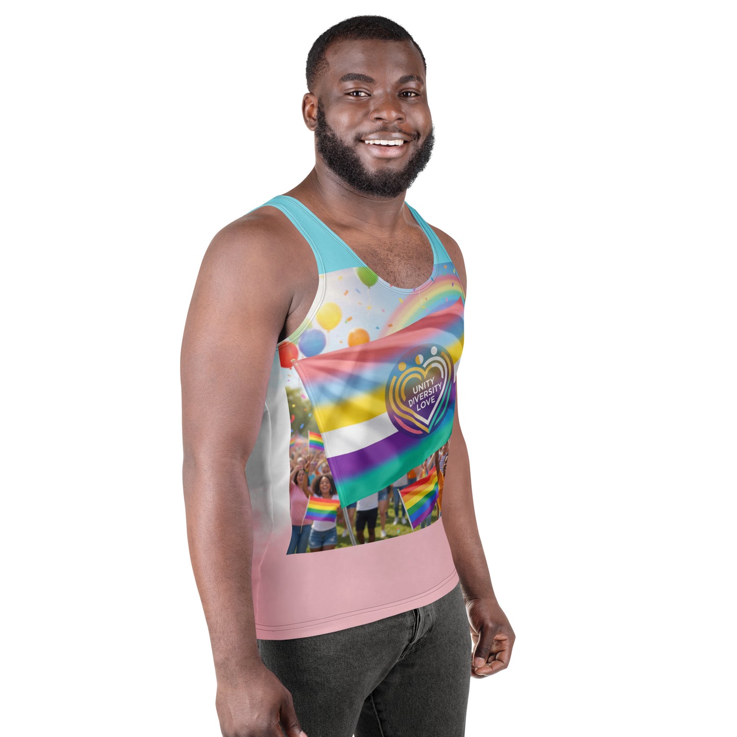 Unisex tank top front print with Unity Diversity Love heart emblem, light teal and pink hem