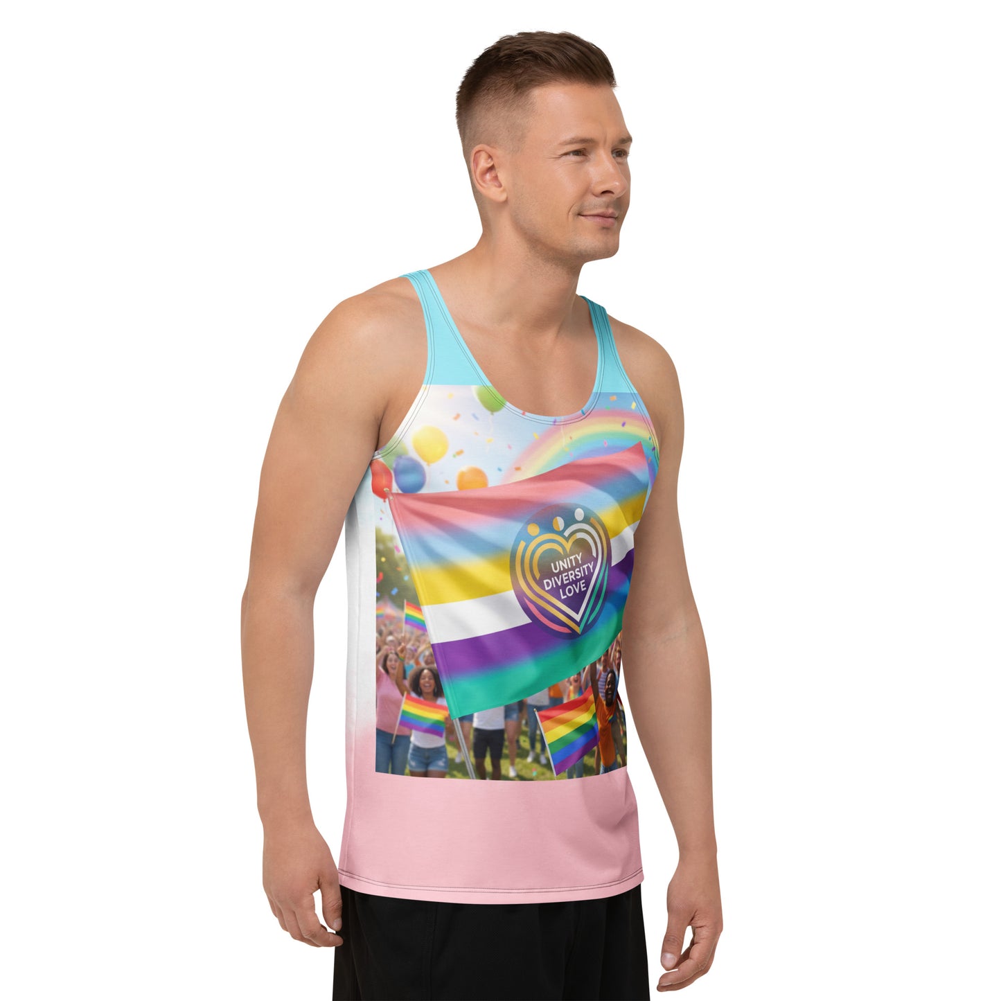 Unisex tank top, rainbow pride flag heart graphic on center; aqua top, pink bottom