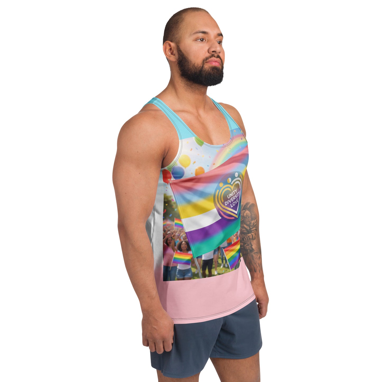 Unisex tank top side view with rainbow pride heart graphic; aqua top panel, pink hem
