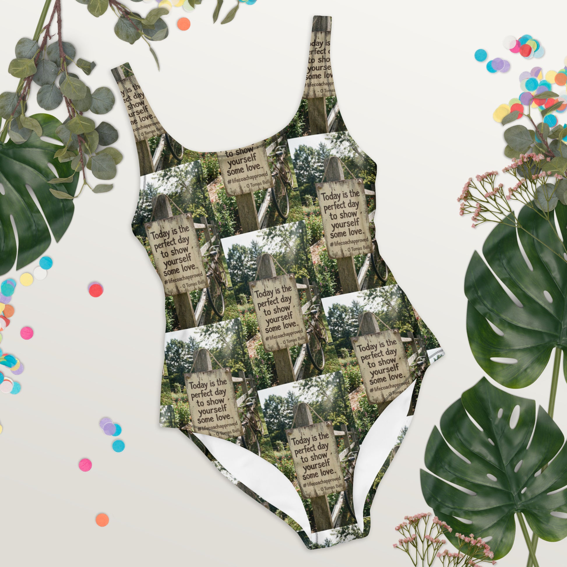 Self love one-piece swimsuit, green forest collage print, scoop neckline and high-cut back
