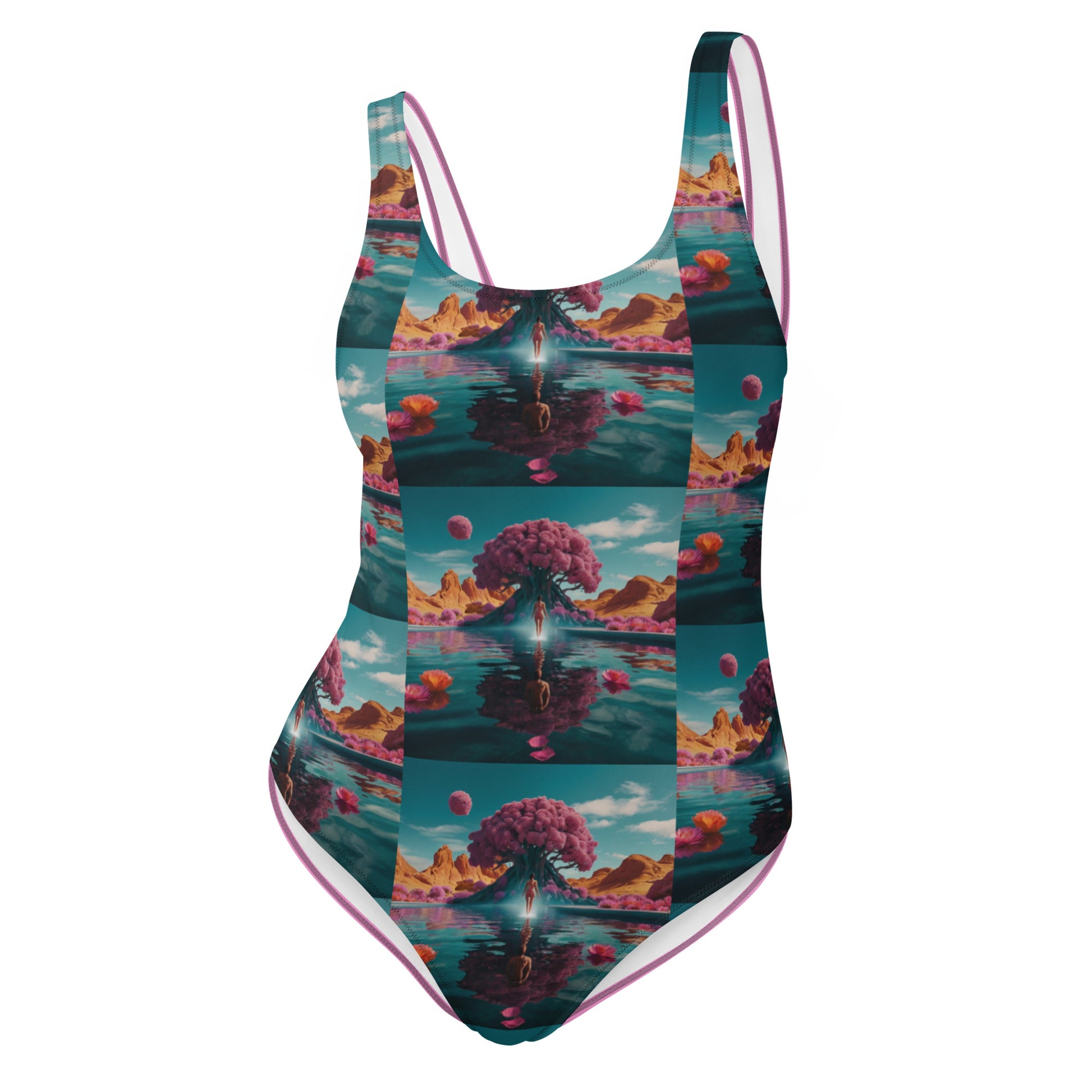 Teal one-piece swimsuit with ocean landscape print and pink trim