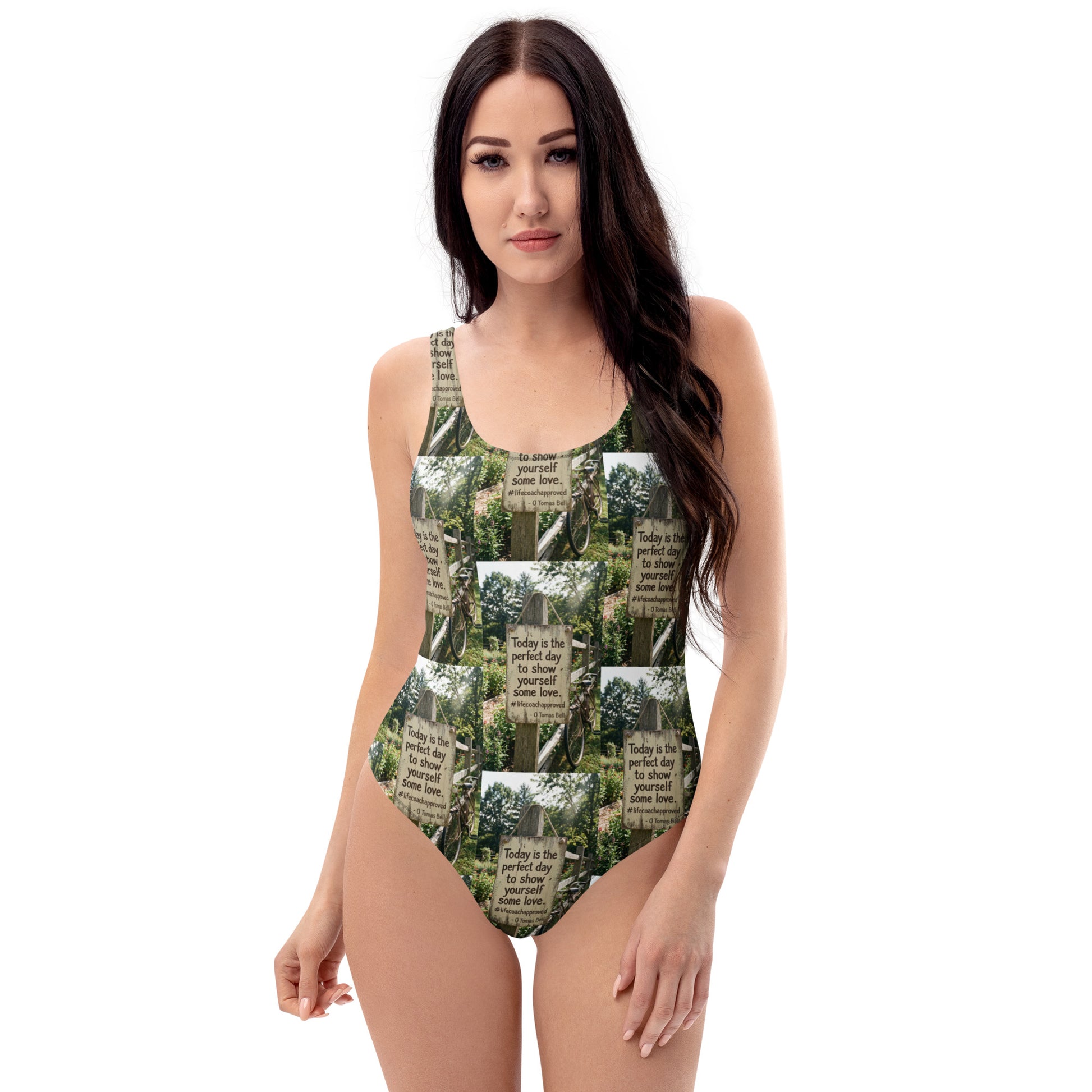 Self love one-piece swimsuit, green collage print, scoop front, high-cut legs, thin straps