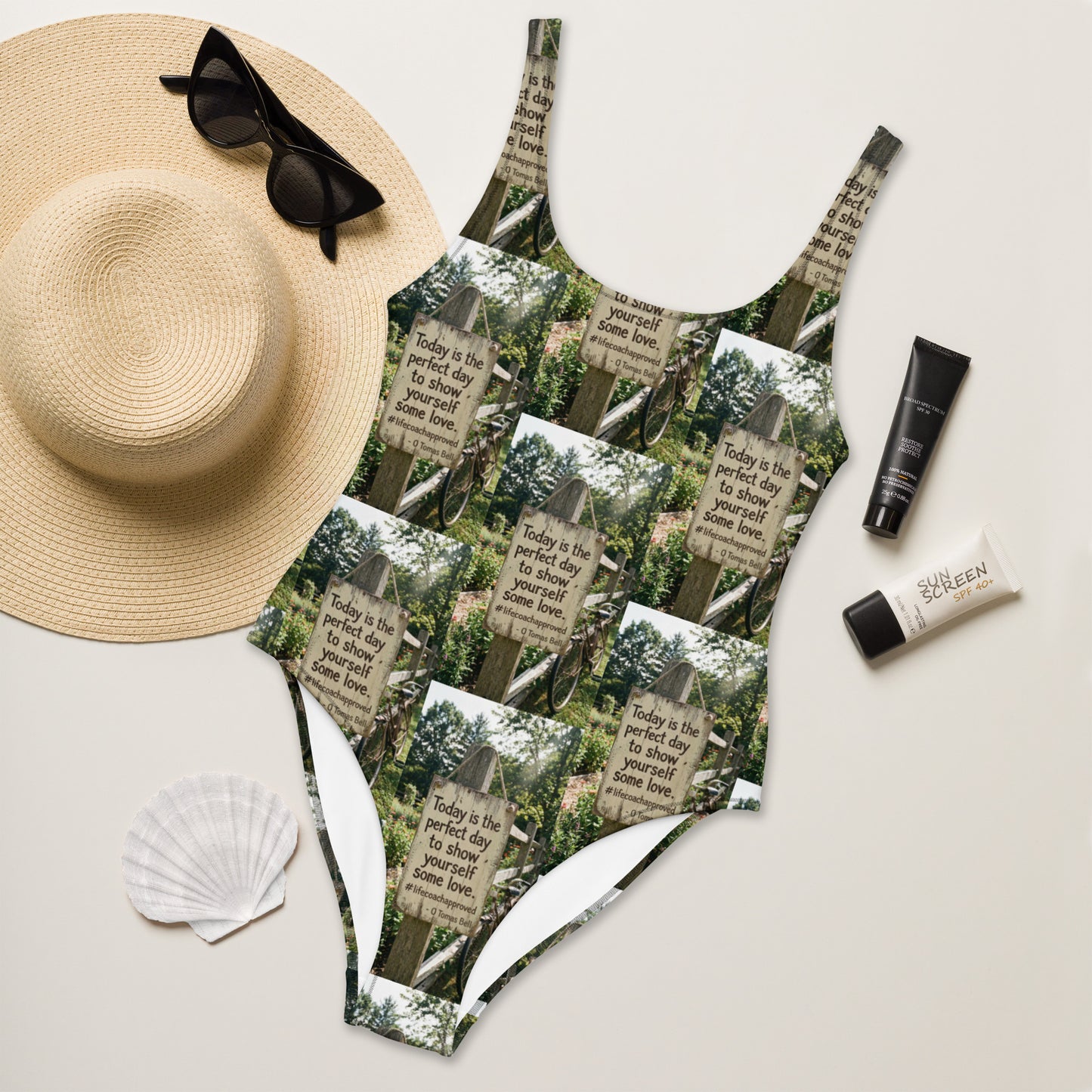 Self love one-piece swimsuit with green forest collage print and scoop back