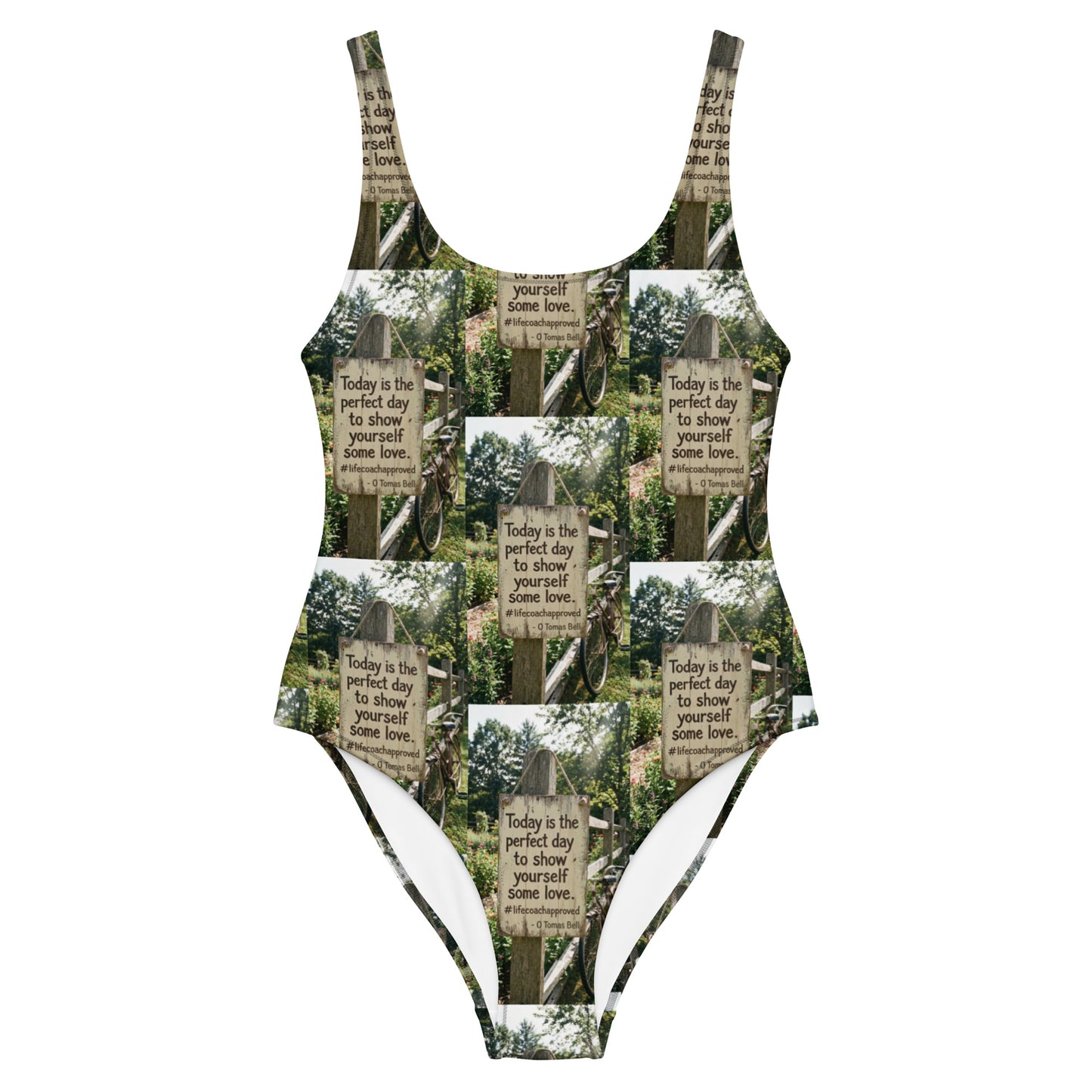 Self love one-piece swimsuit with green forest collage print, high-leg cut, scoop back