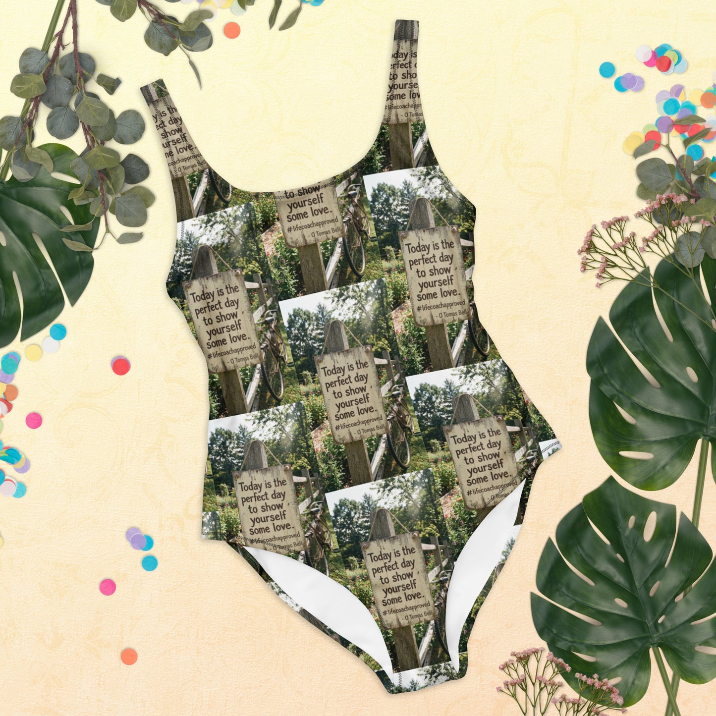 Self love one-piece swimsuit with green forest collage print, scoop neckline and high-cut legs