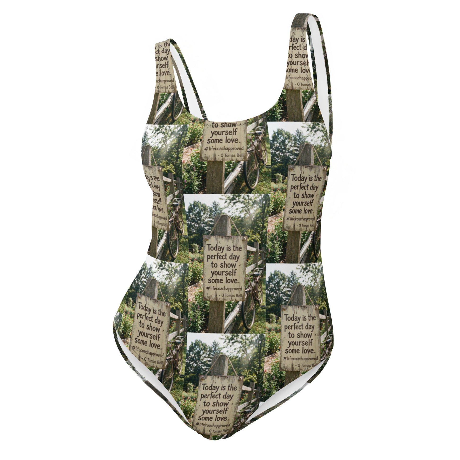 Self love one-piece swimsuit with green forest collage print, scoop back