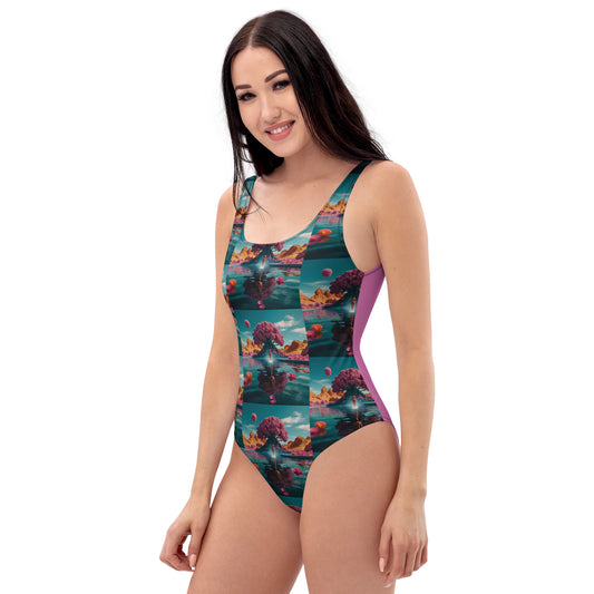 One-piece swimsuit with teal ocean print and purple side panels, scoop neckline.