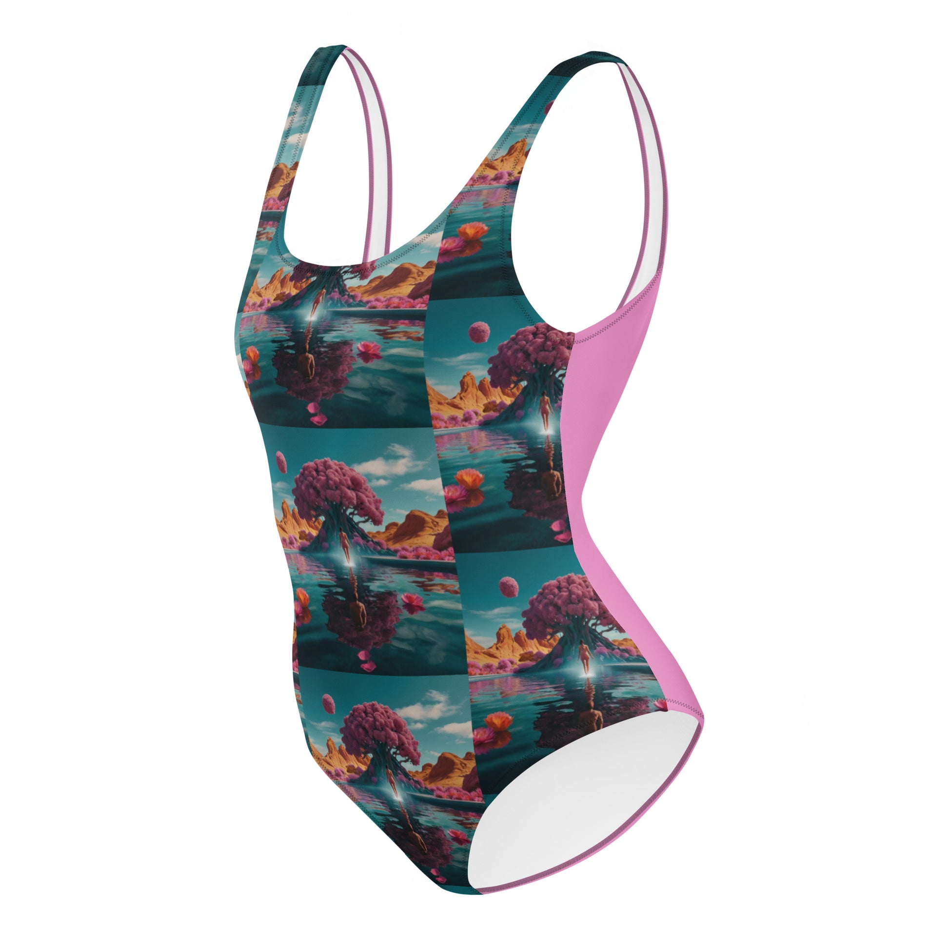 Teal one-piece swimsuit with ocean landscape print and pink side trim