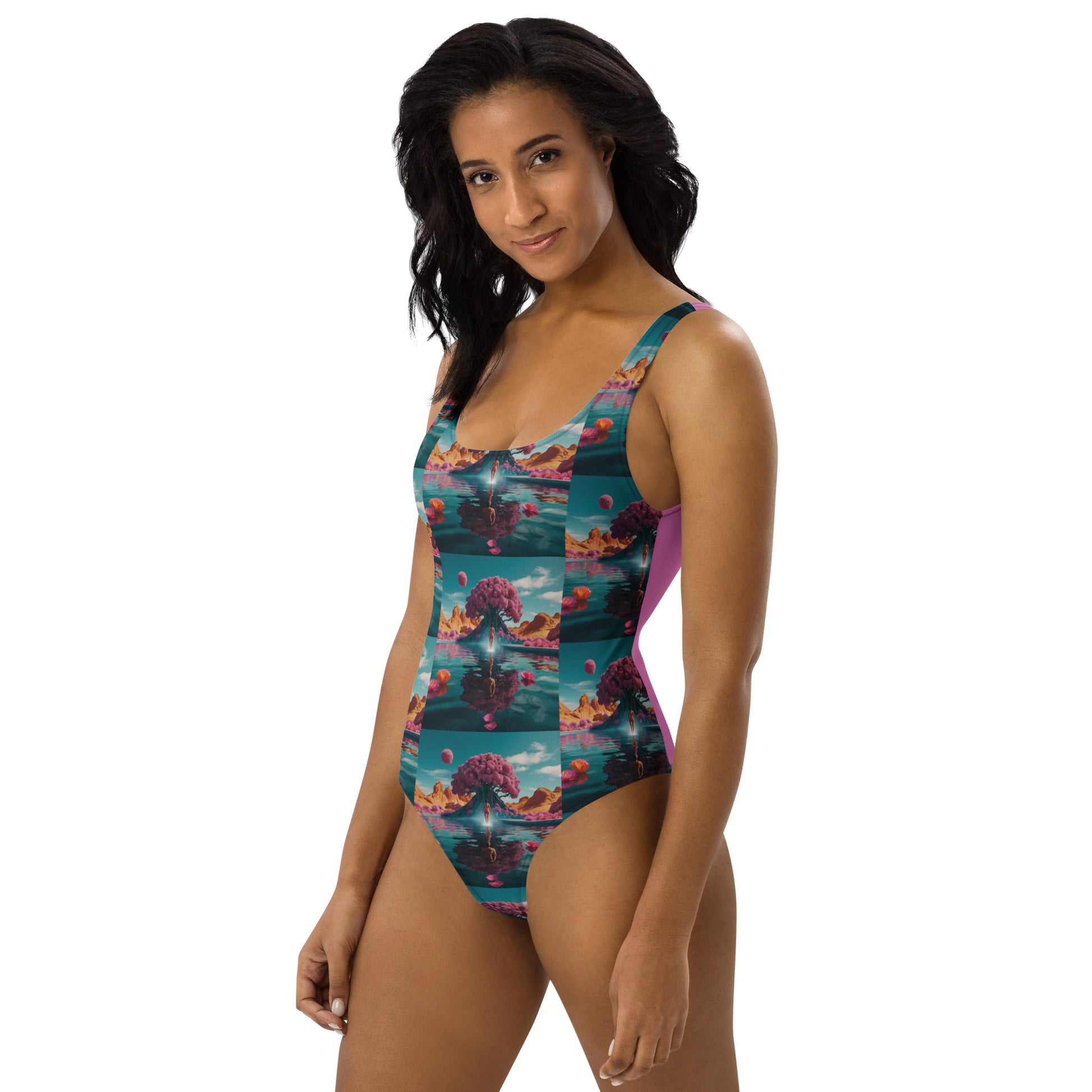 One-piece swimsuit with teal ocean scene print and purple vertical side panel.
