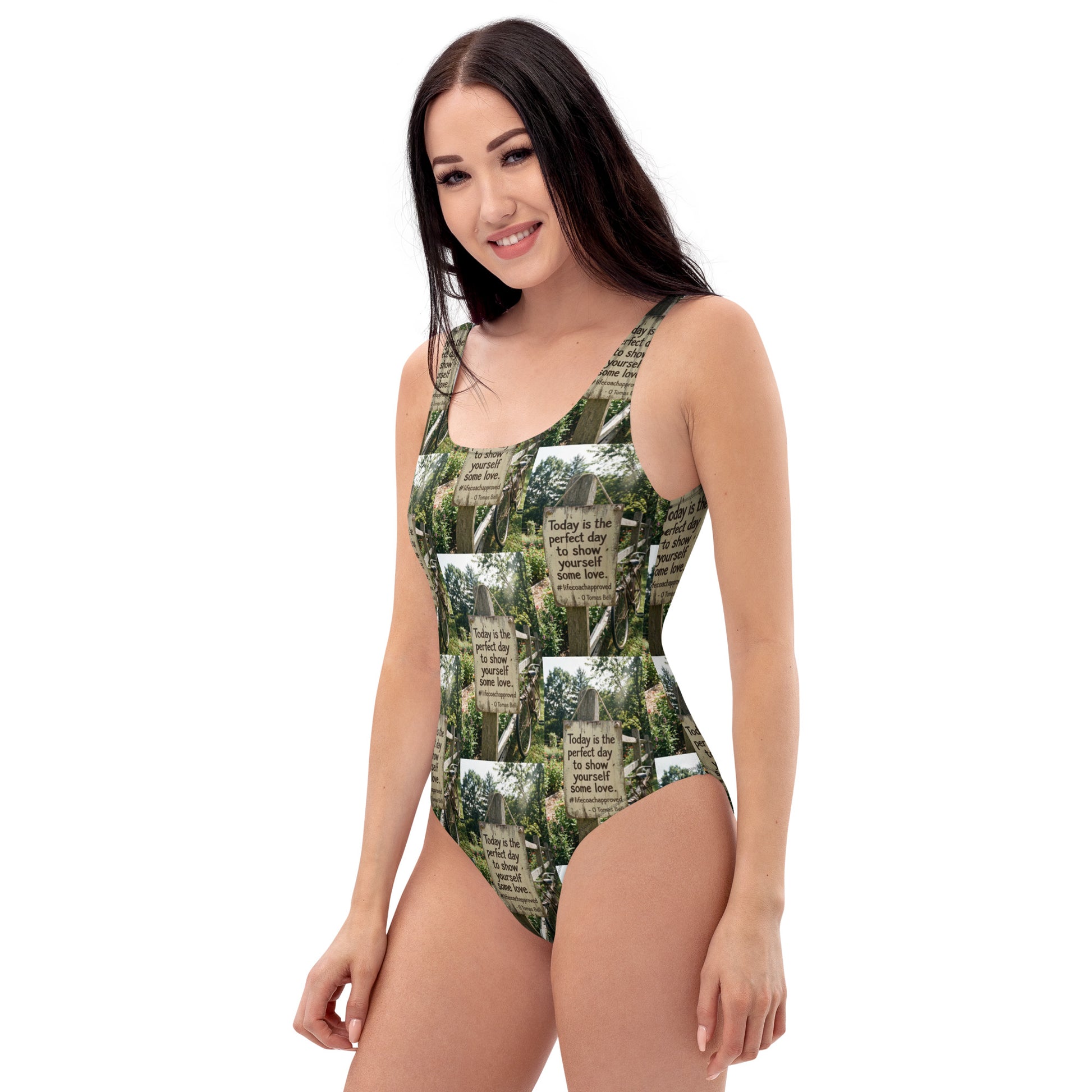 Self love one-piece swimsuit with green forest collage print, scoop front and high-cut leg