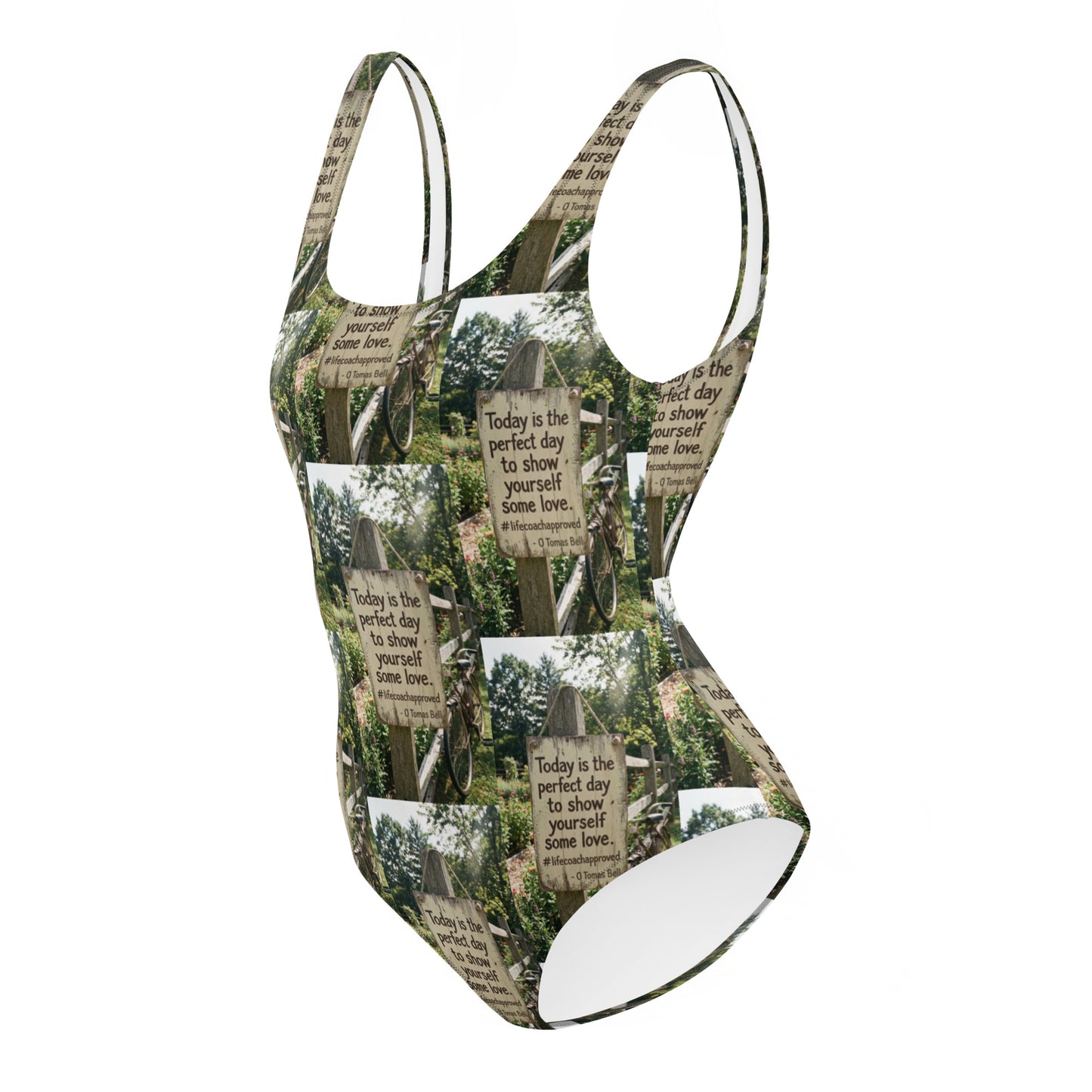 Self love one-piece swimsuit with green forest collage print, racerback straps, high-cut