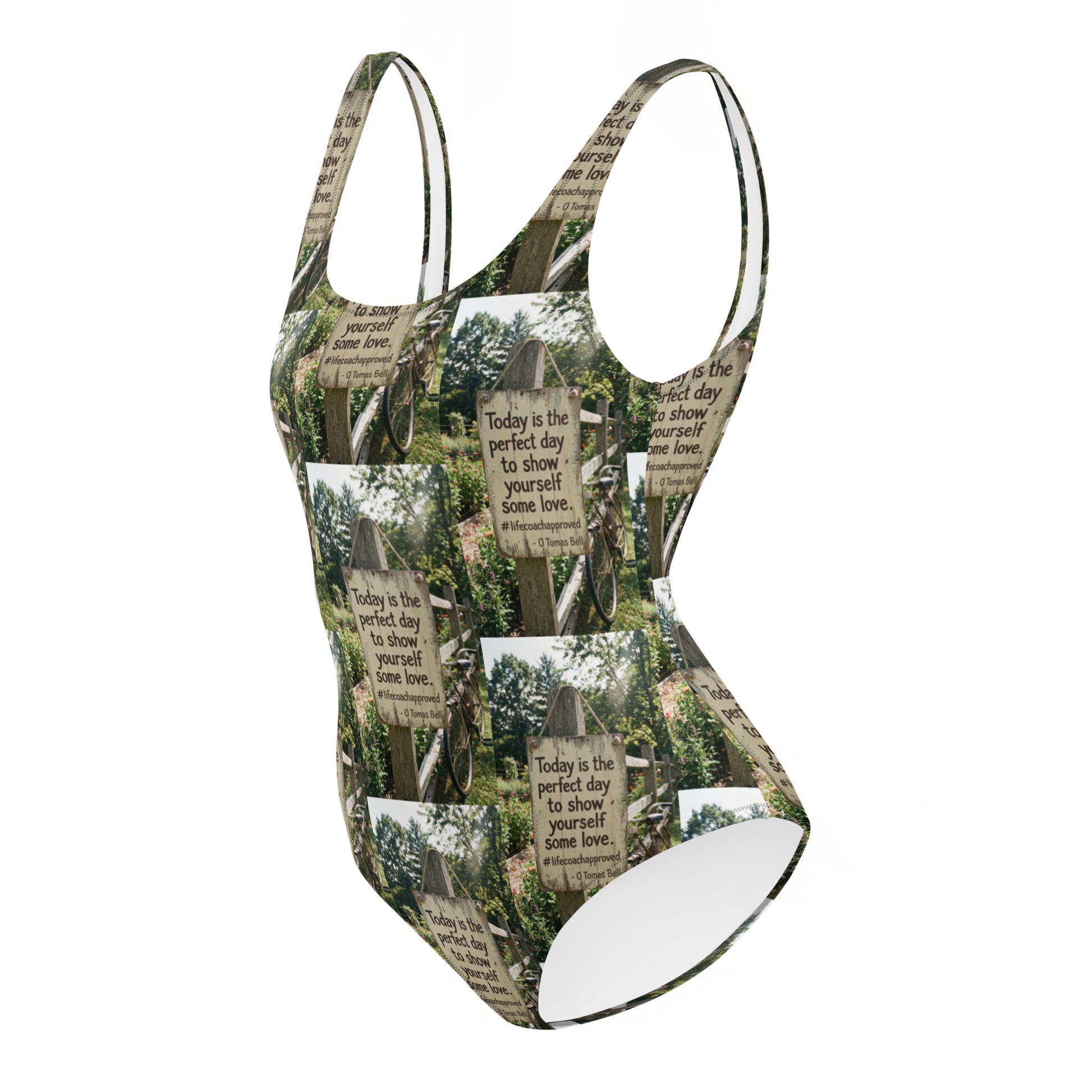 Self love one-piece swimsuit with green forest collage print, racerback straps, high-cut