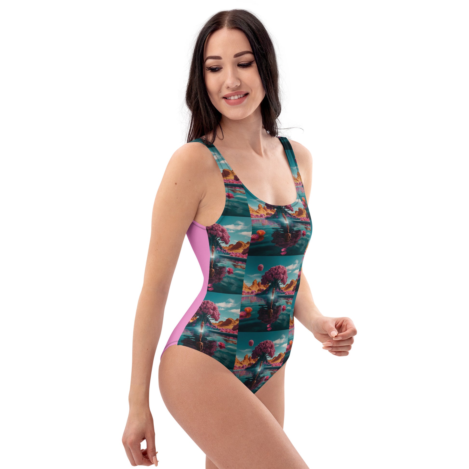 One-piece swimsuit front with teal ocean print and bright purple side accents.