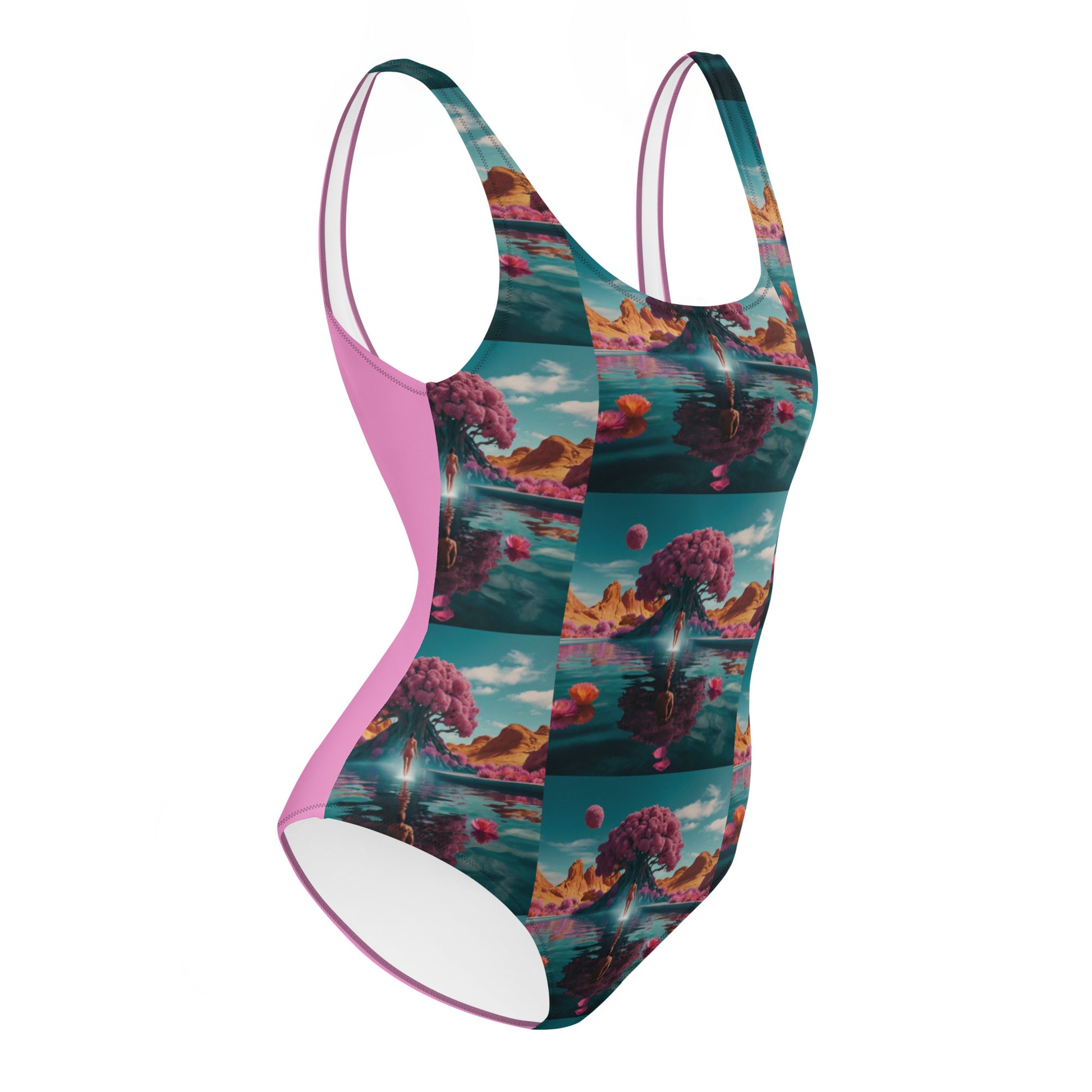 Teal one-piece swimsuit with ocean landscape print and pink edge trim