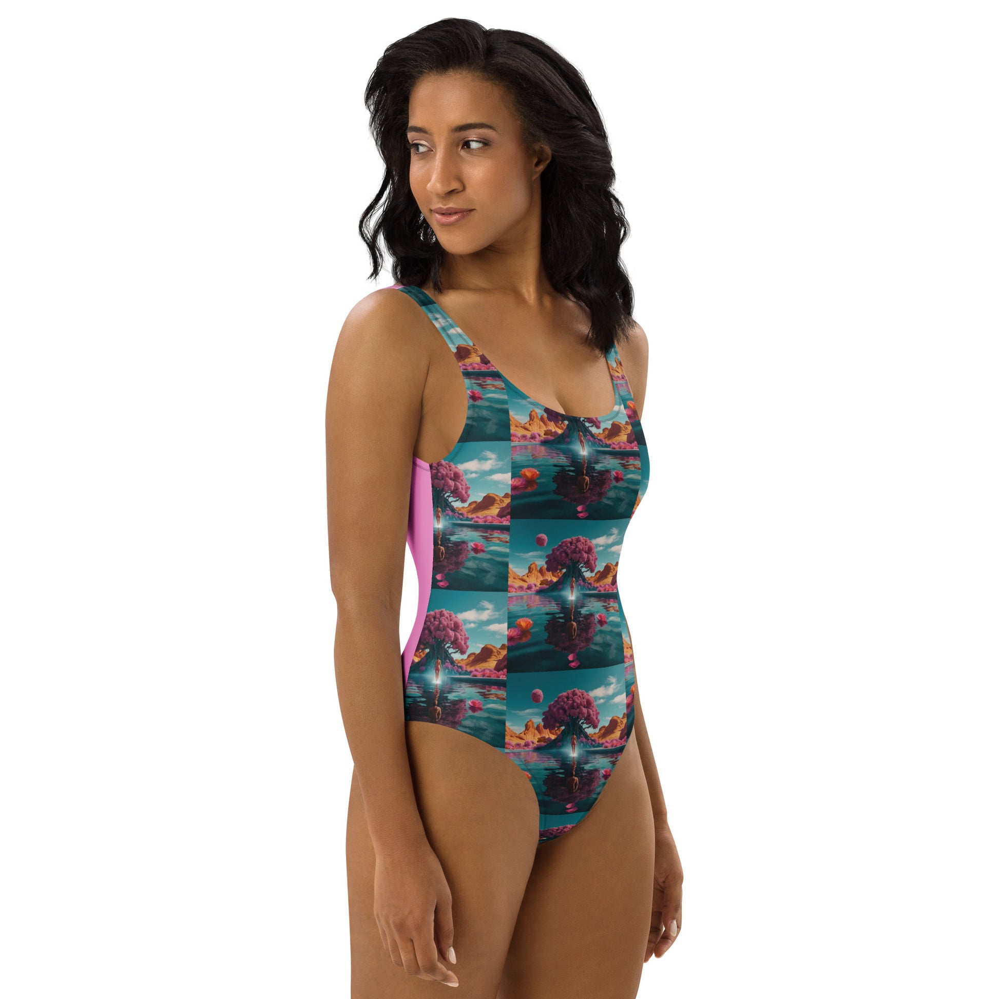 One-piece swimsuit with teal ocean print and purple panel at waist, side view.