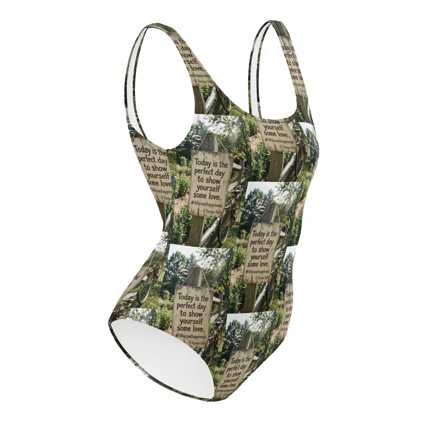 Self love one-piece swimsuit with green forest collage print, racerback straps, high-cut legs