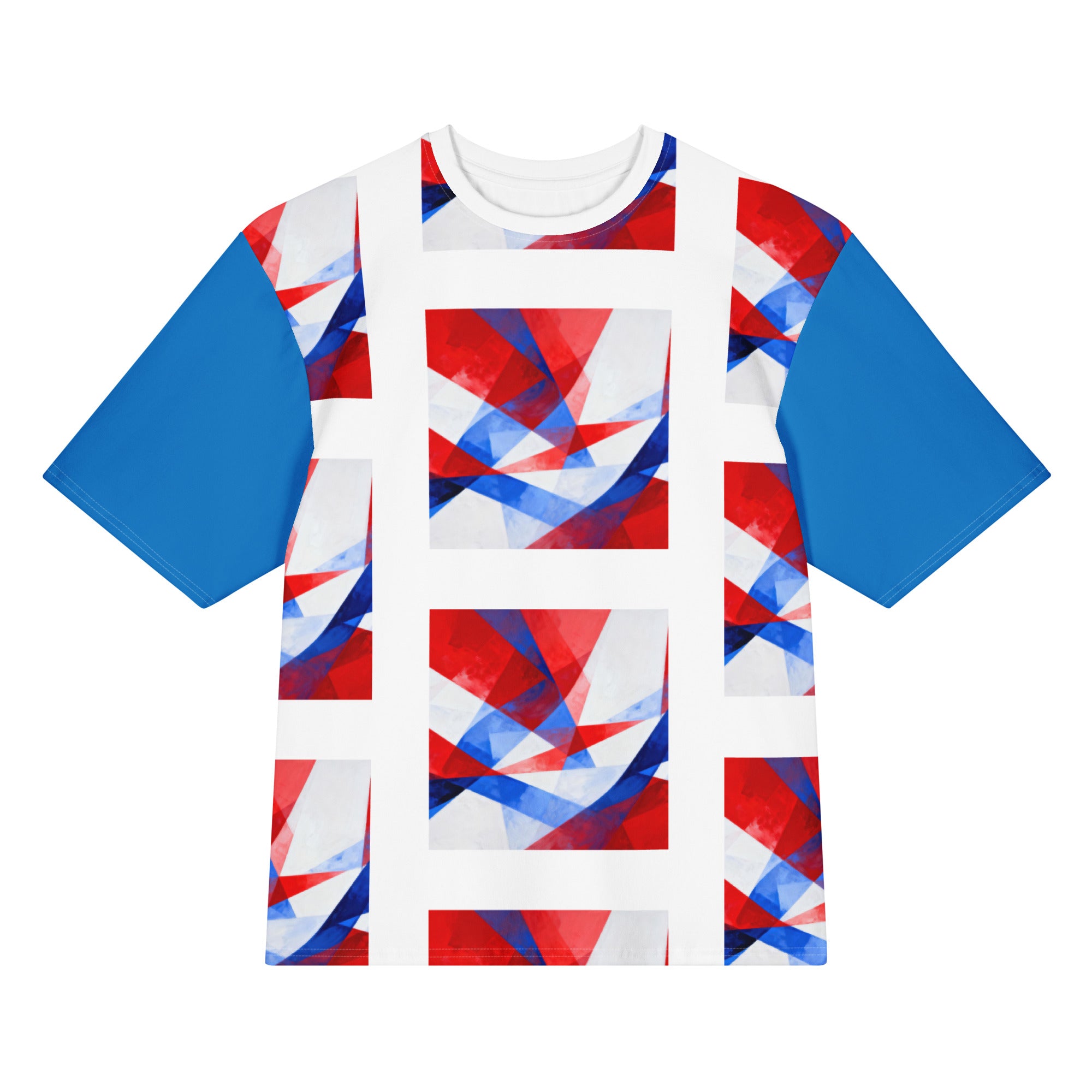 White oversized unisex cotton T-shirt with red/blue geometric square front graphic