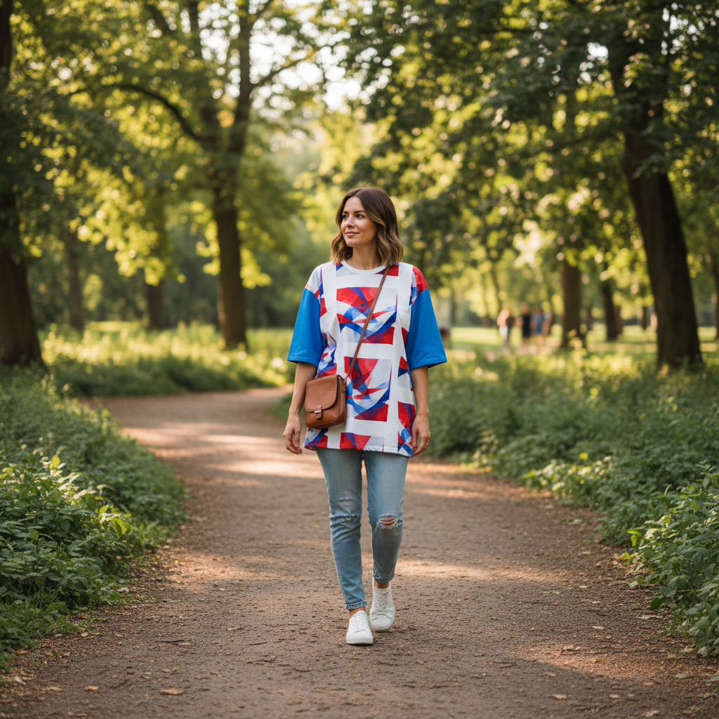 White oversized unisex cotton T-shirt with red/blue geometric front print and blue sleeves