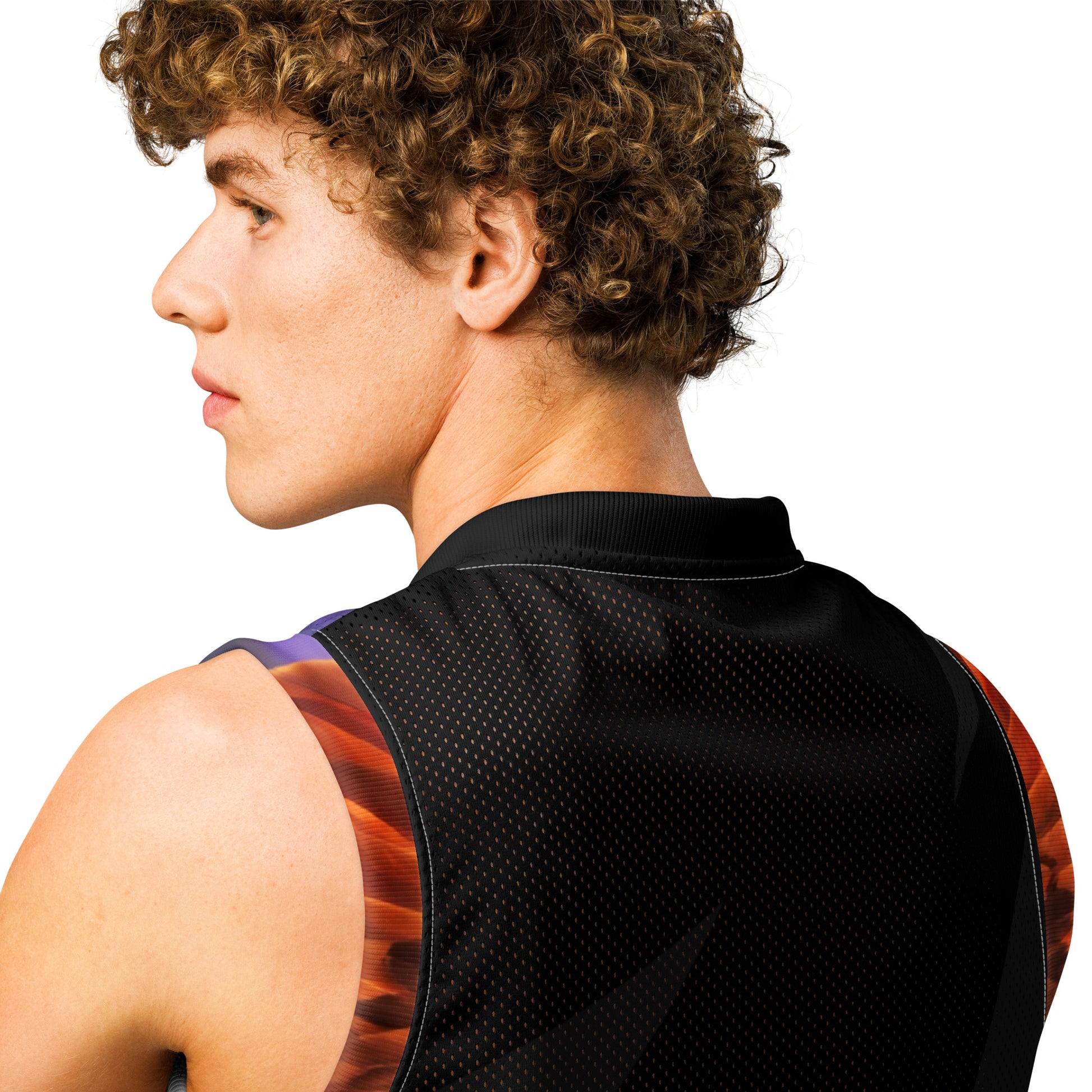 Close-up of basketball jersey back neckline with black mesh texture and patterned collar trim.