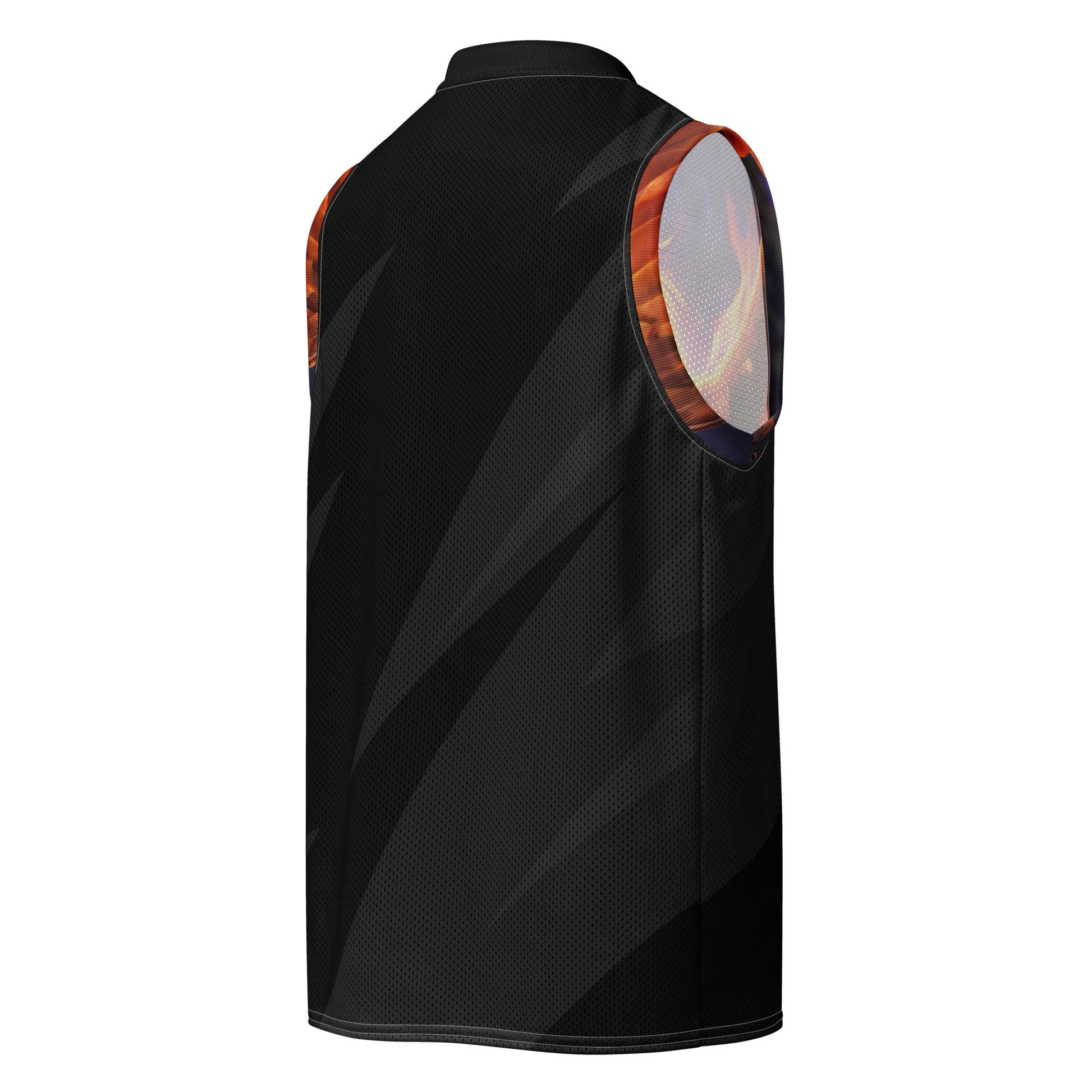 Black basketball jersey back with subtle gray diagonal pattern and orange-trim collar.