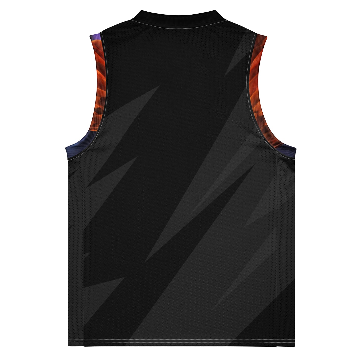 Basketball jersey back view with black mesh and gray diagonal stripes; orange side trim.