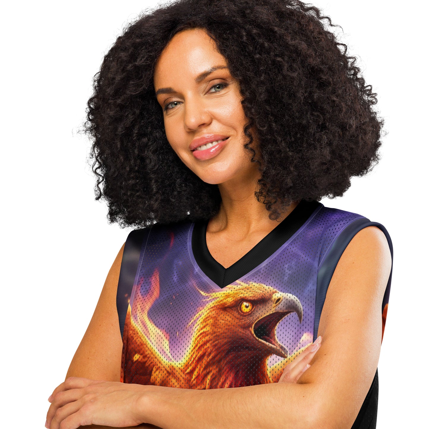 Basketball jersey close-up with V-neck and fiery eagle graphic in purple and orange