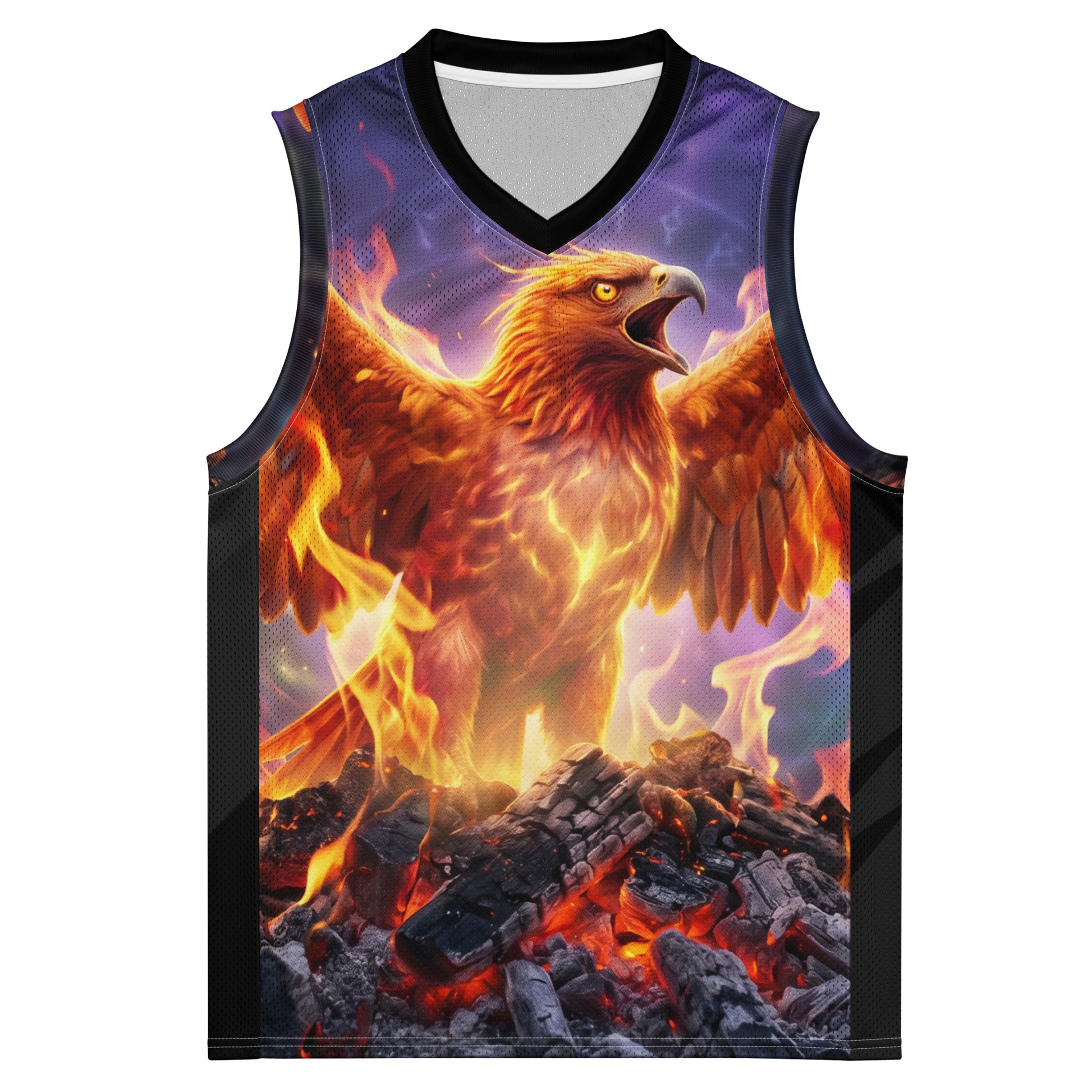 Sleeveless basketball jersey front with V-neck and flaming eagle over rocky flames.