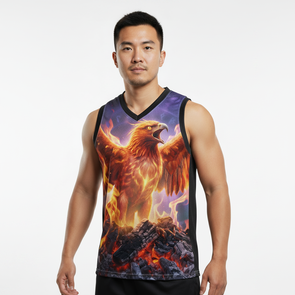 Basketball jersey with roaring eagle over flames graphic in purple and orange