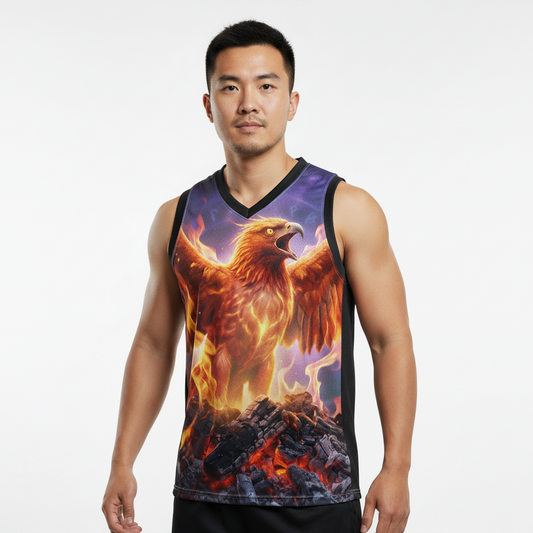 Basketball jersey with roaring eagle over flames graphic in purple and orange