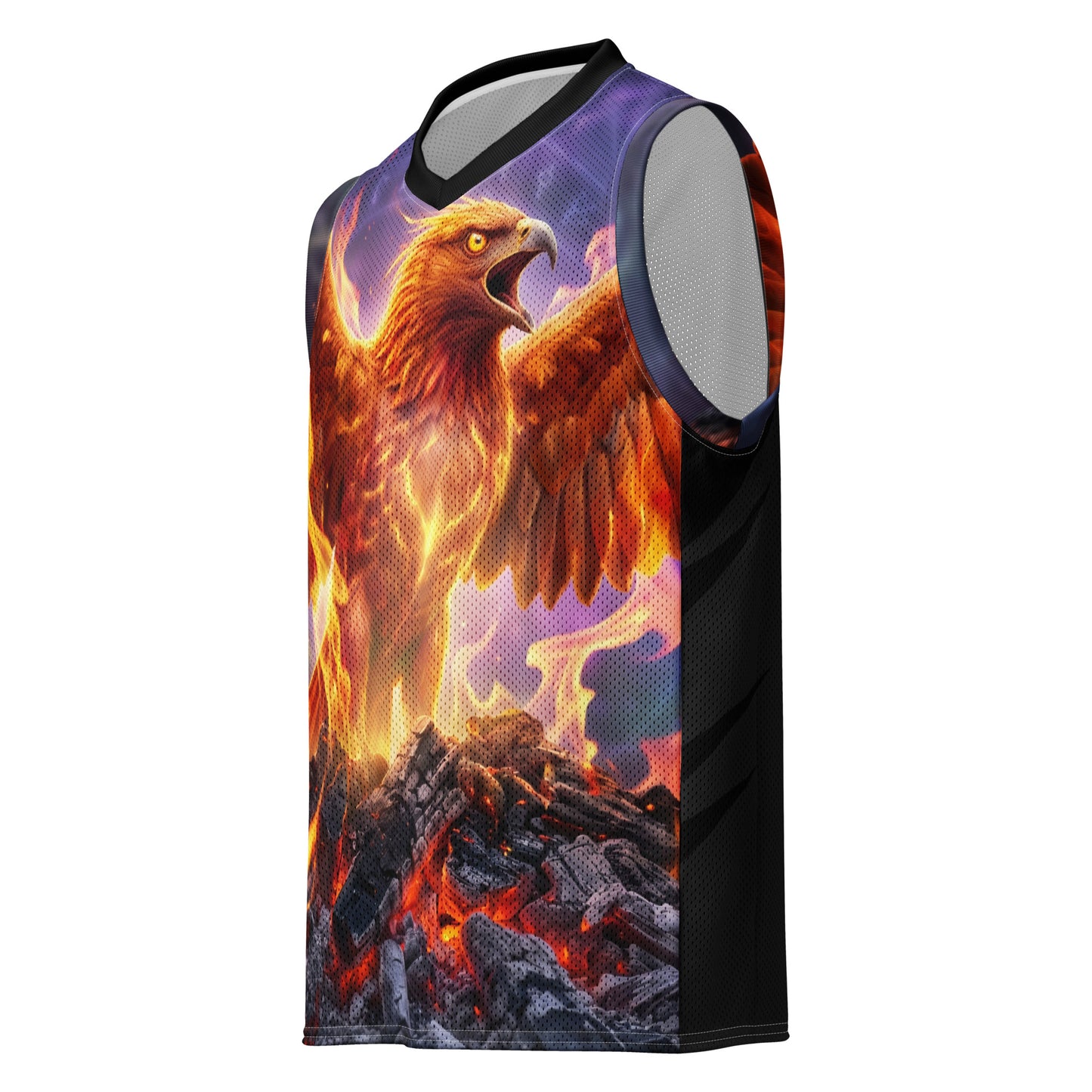 Basketball jersey with fiery eagle graphic on front, black mesh panels and trim.