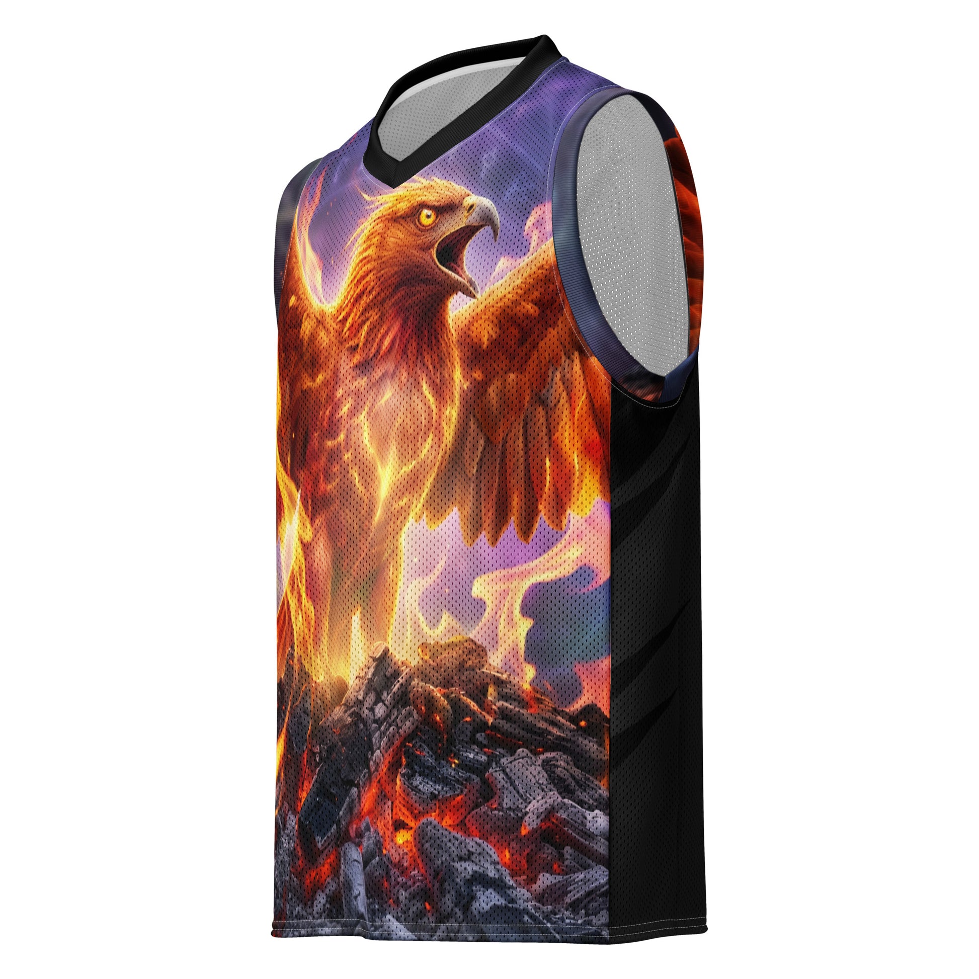 Basketball jersey with fiery eagle graphic on front, black mesh panels and trim.