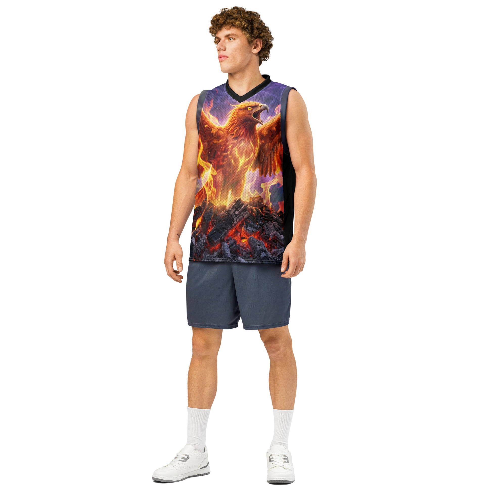 Basketball jersey front on model with fiery eagle print, black V-neck trim and mesh texture.