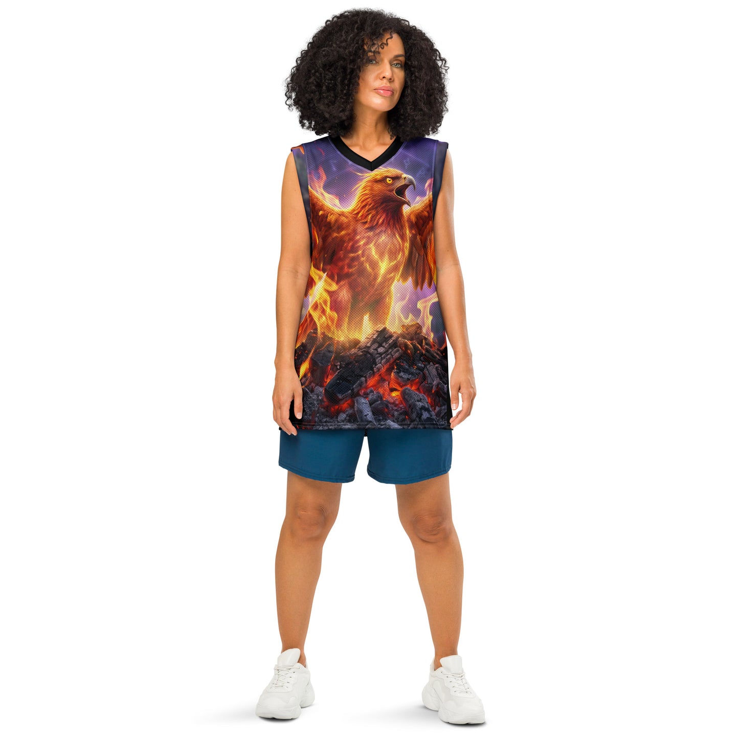 Basketball jersey with eagle and flames graphic, black sides, purple and orange print