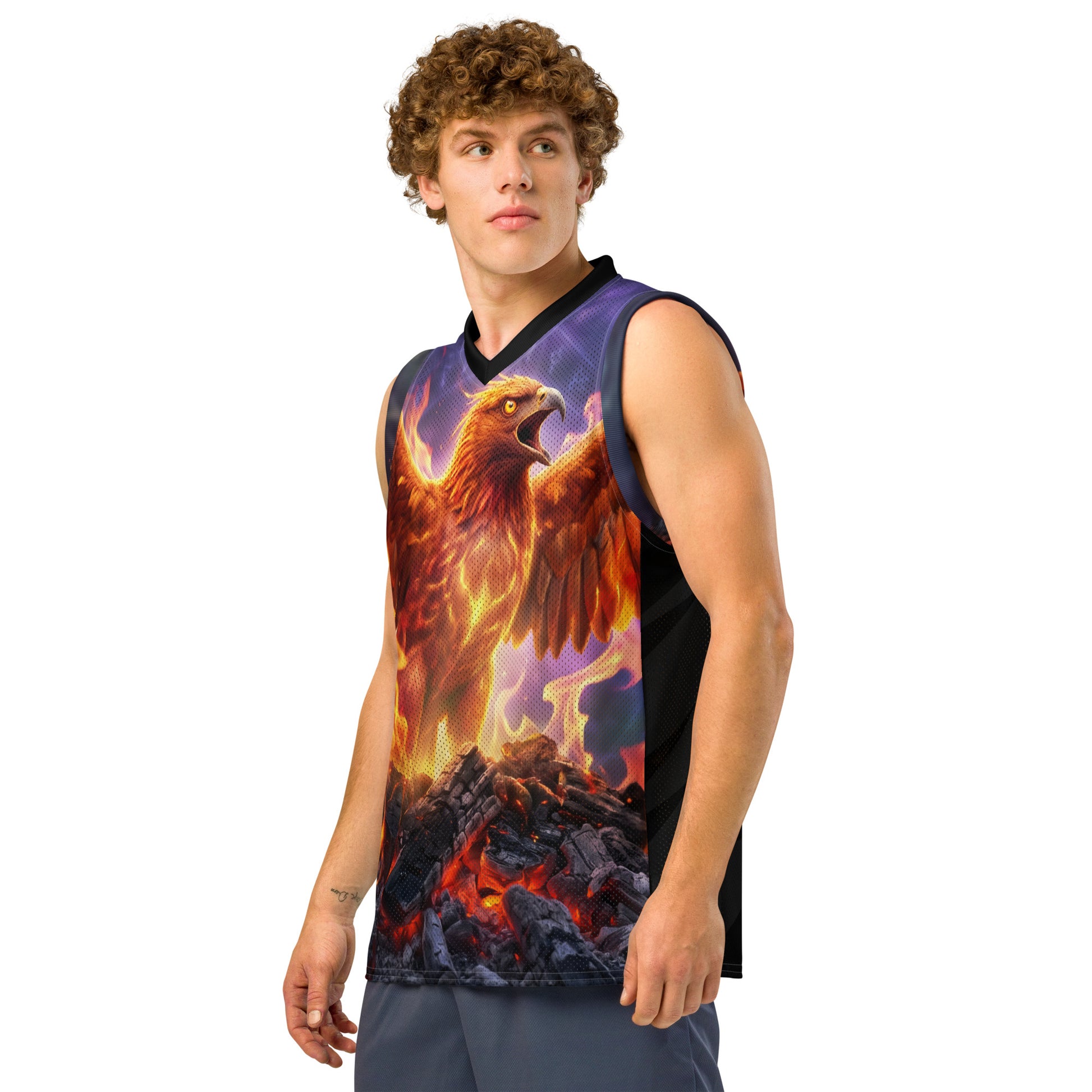 Model front view in basketball jersey with fiery eagle graphic and black V-neck trim.