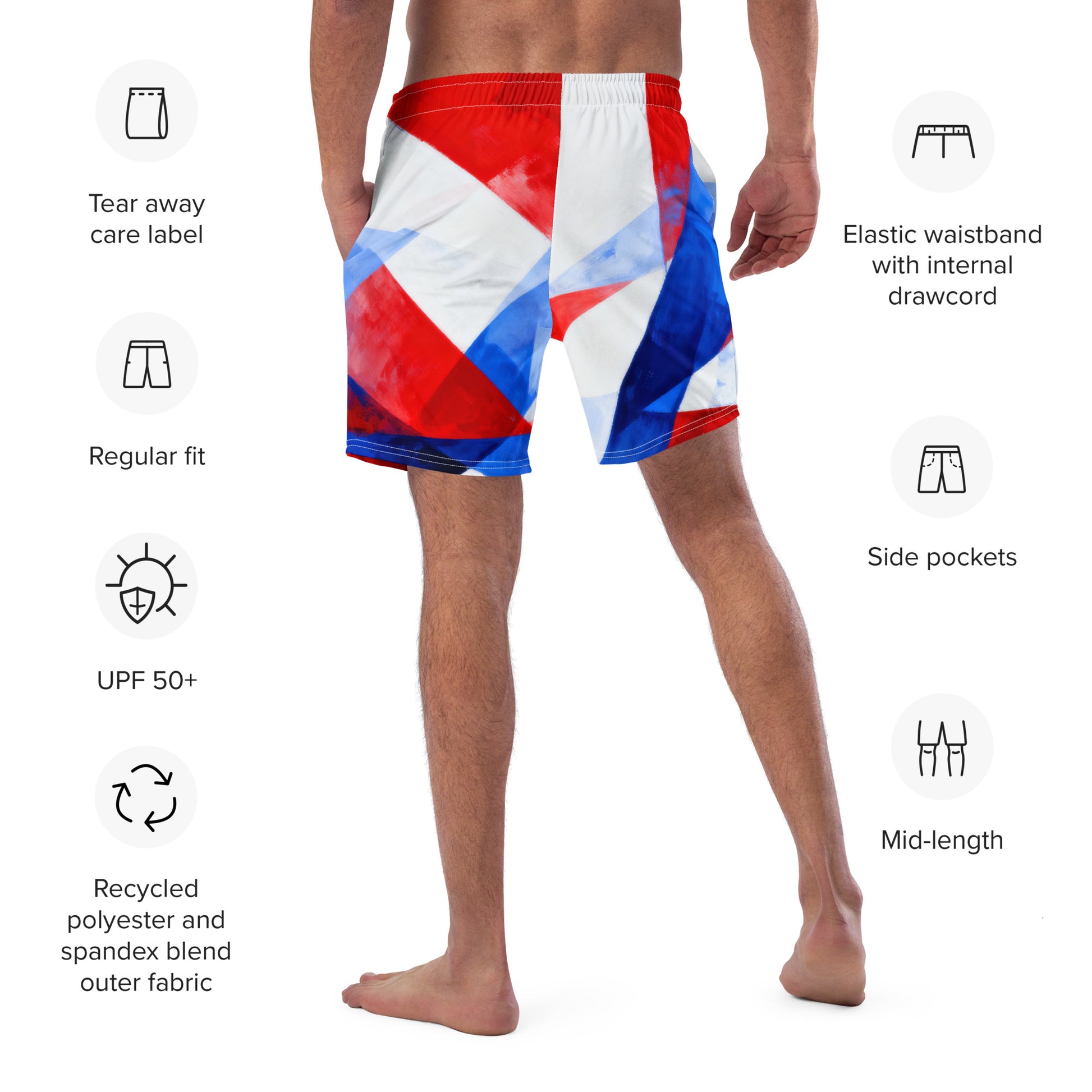 Men's swim trunks showing elastic waistband with internal drawcord and side pockets.