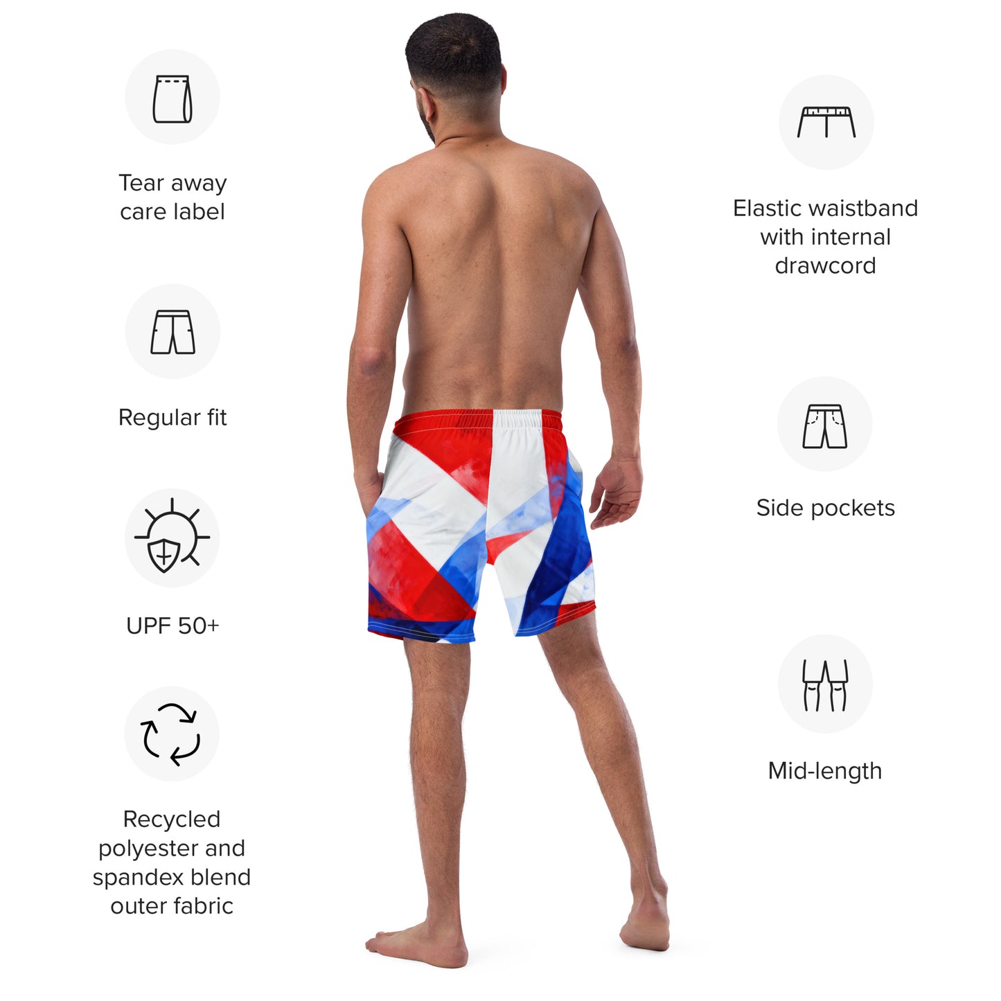 Men's swim trunks, back view with elastic waistband drawcord and mid-length cut.